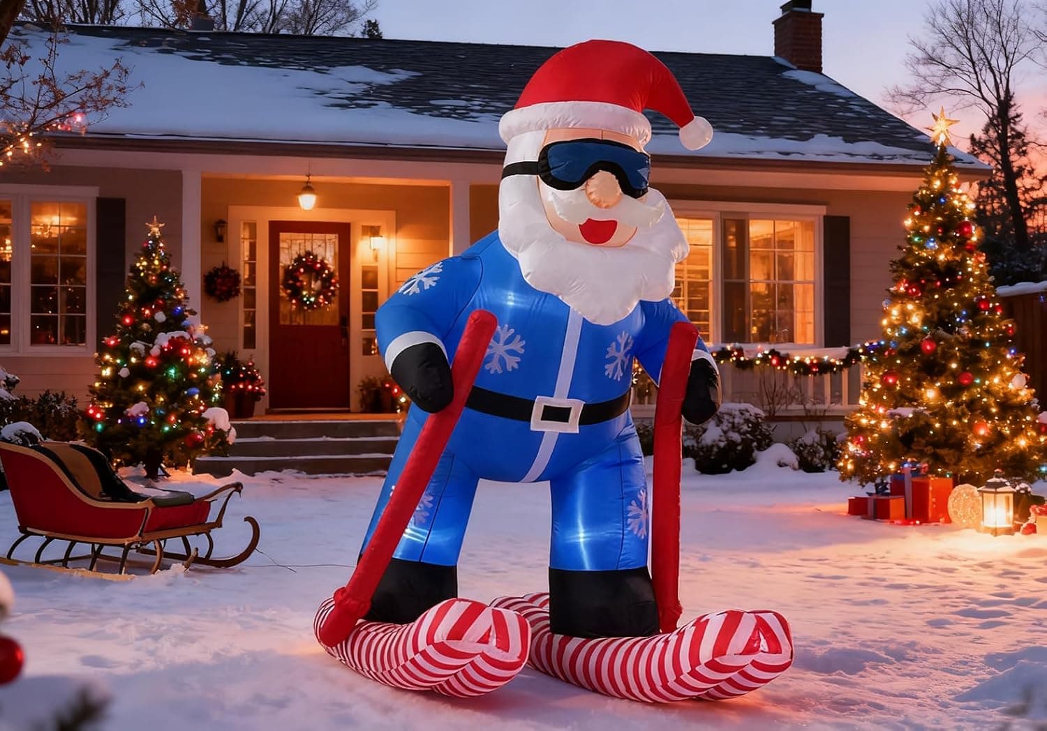 8ft Skiing Santa Inflatable with LED Lights