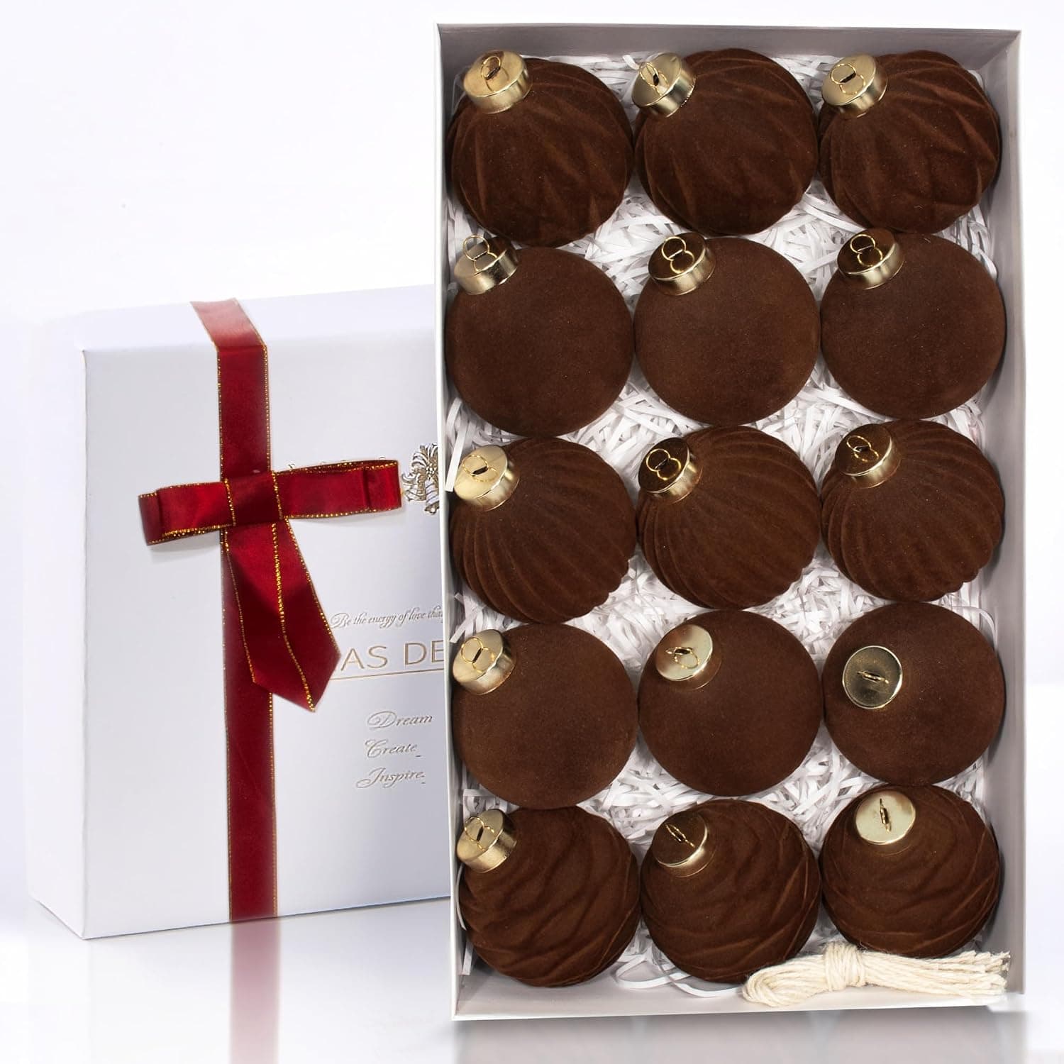 Brown Velvet Flocked Christmas Ornaments, 15 Pcs