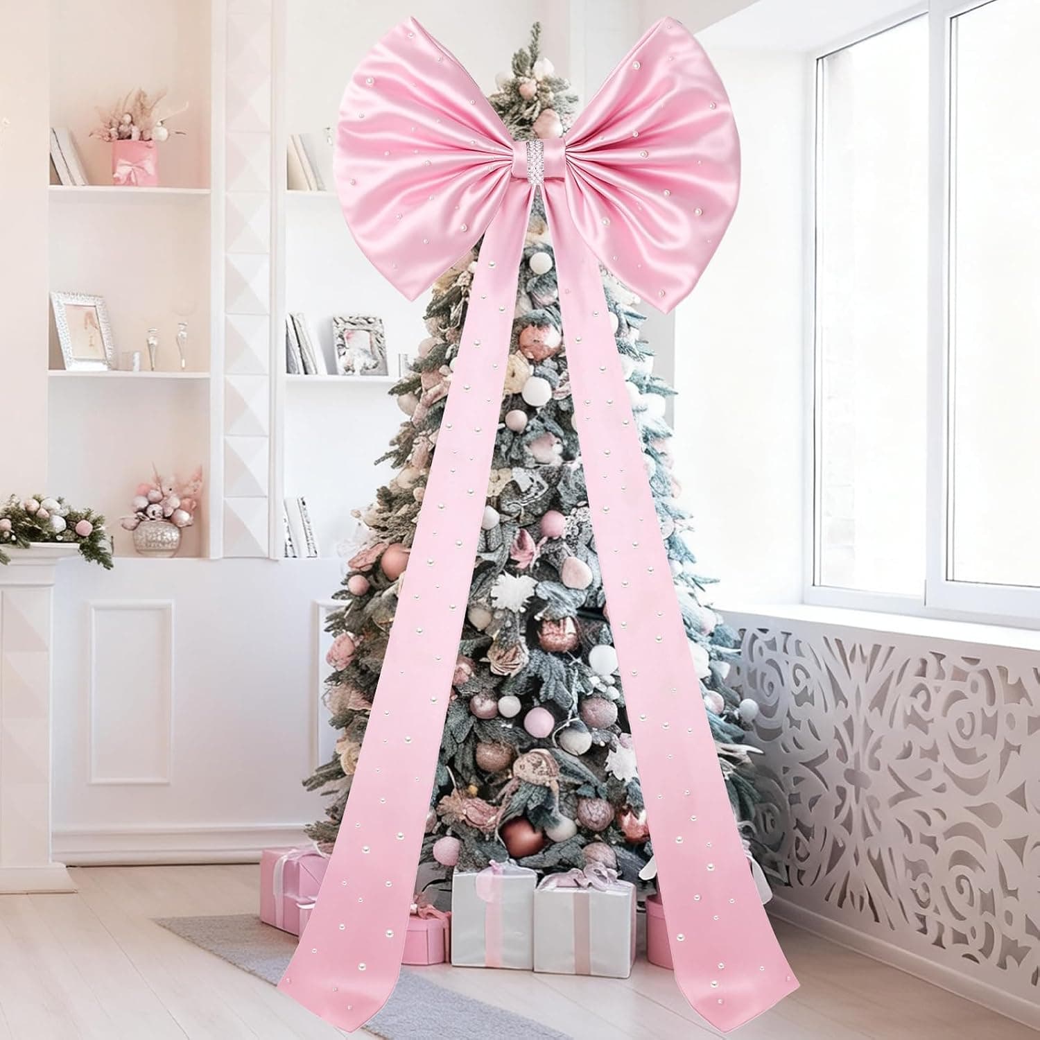 Giant Pink Satin Bow Christmas Tree Topper, 71x24