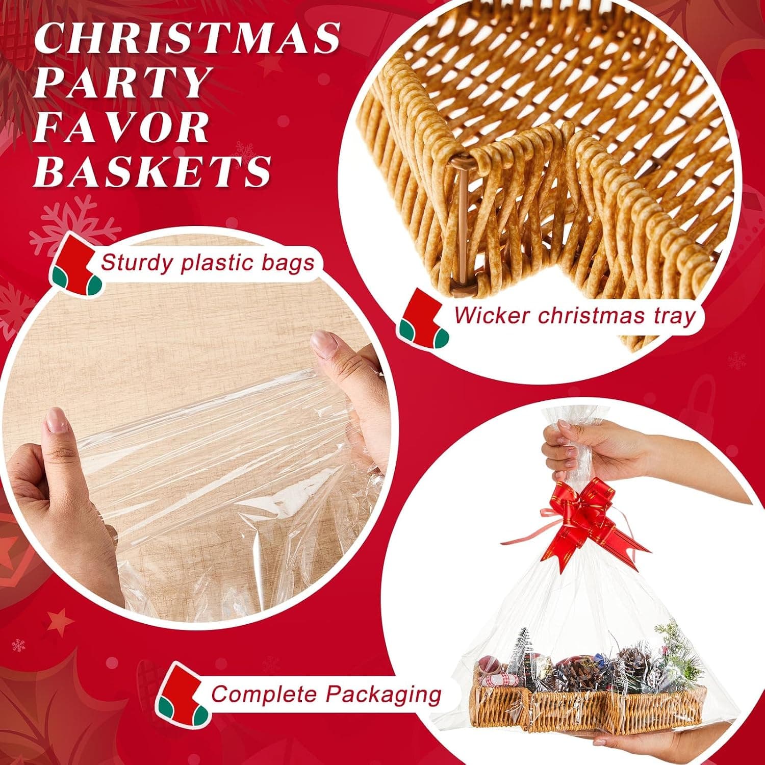 Empty Christmas Tree Wicker Gift Baskets with Bows, 6 Set