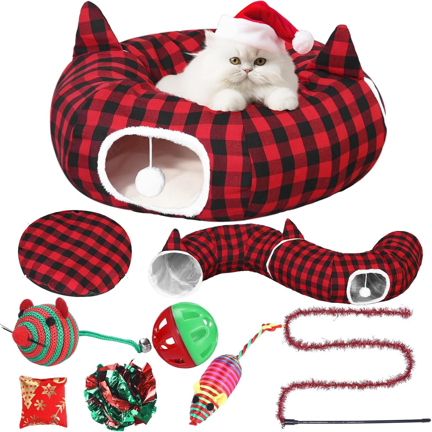 Cat Tunnel Christmas Tree Skirt, Buffalo Plaid, with Toys