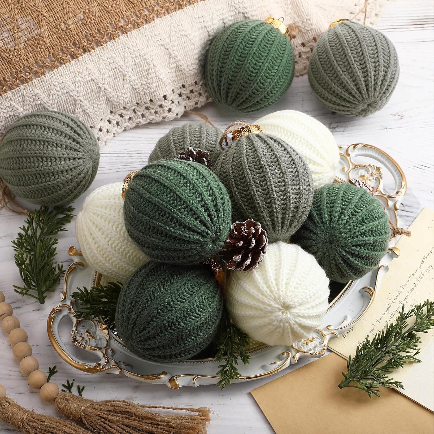 Crochet Christmas Balls, 3.15 Inch, Sage Green, 12 Pcs