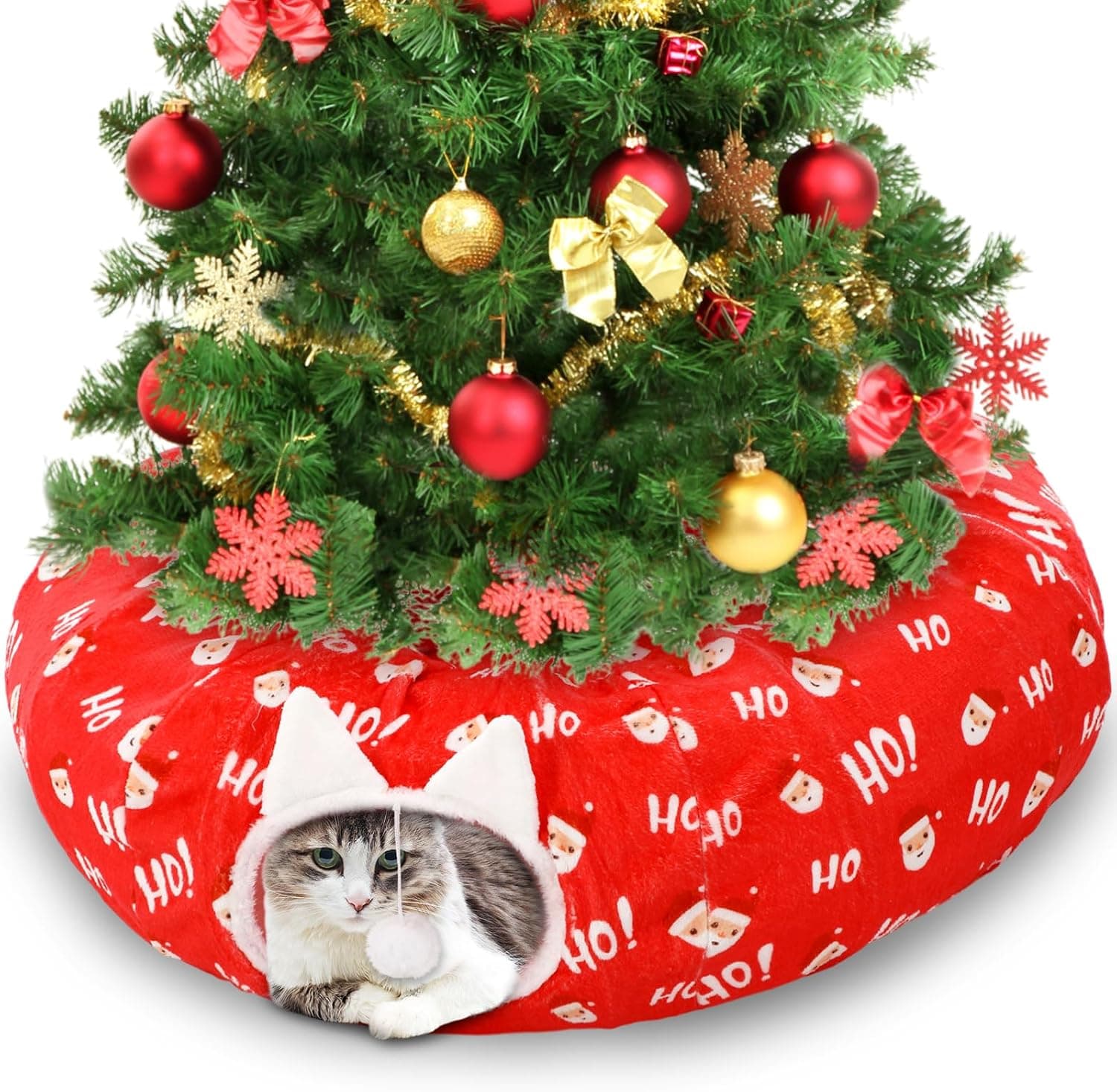 Christmas Cat Tunnel Tree Skirt, 2.62ft, Red & White