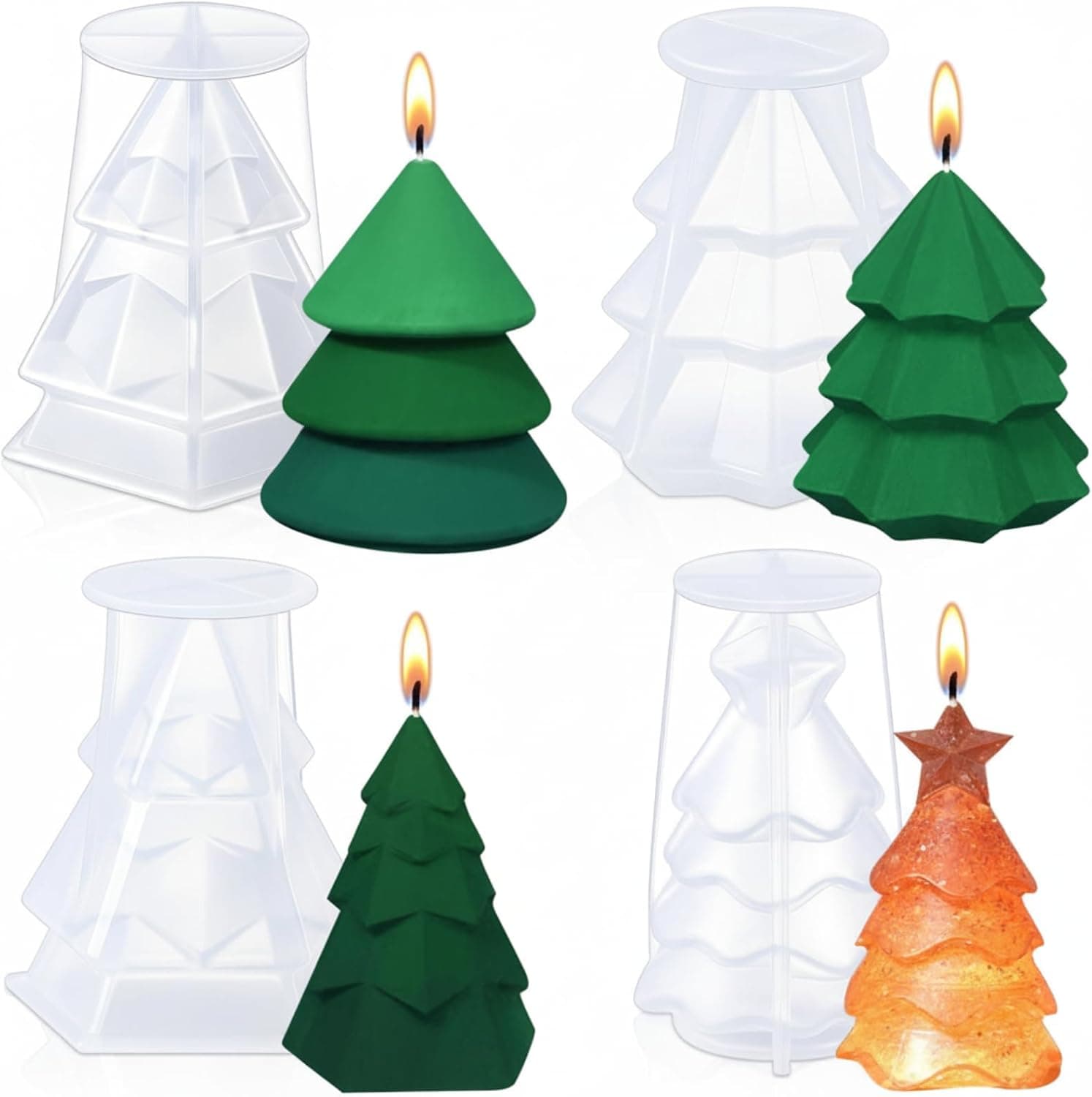 3D Christmas Tree Silicone Candle Molds, 4 Pcs with 100 Wicks