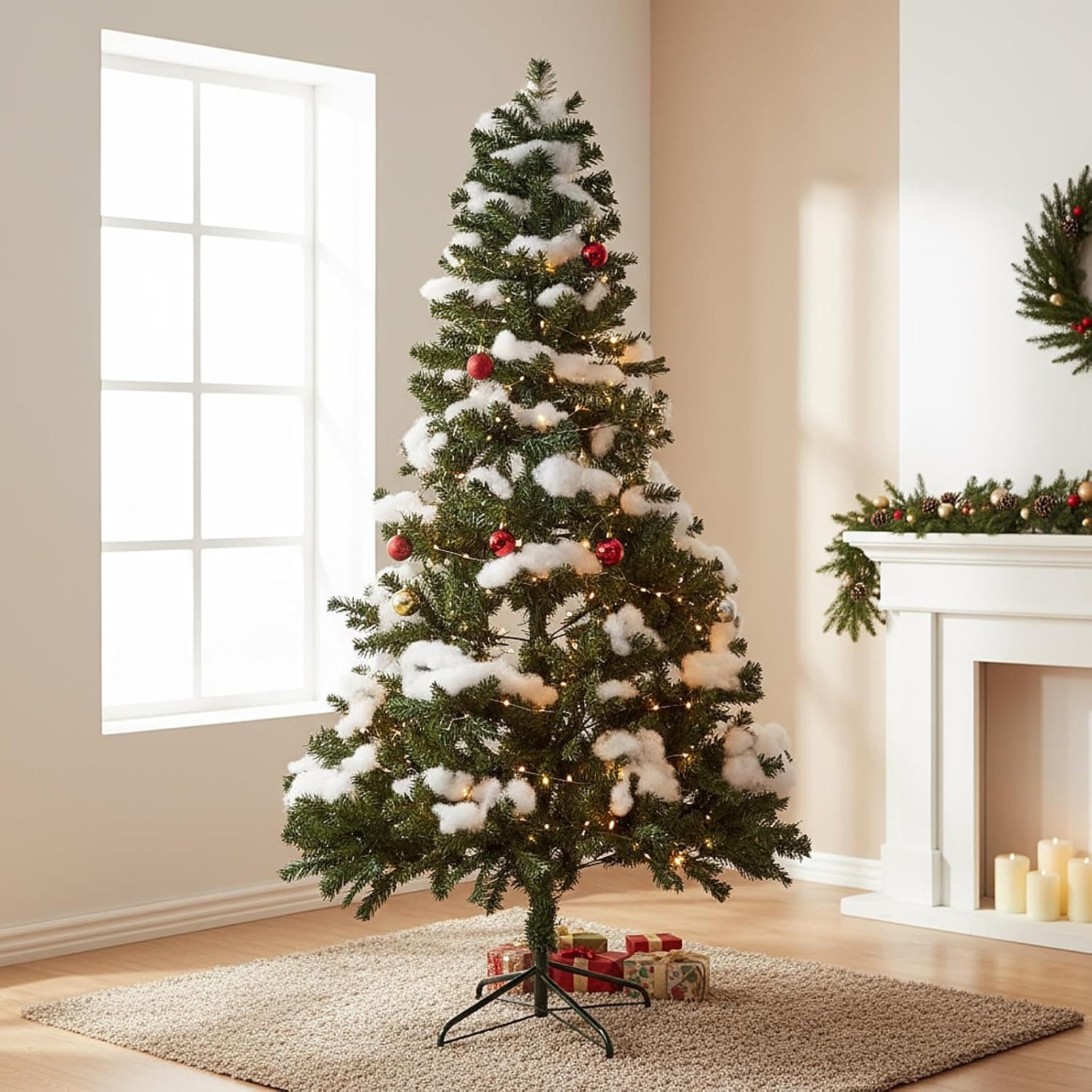 Snow Flocked Artificial Christmas Tree with Lights, 5-6 ft
