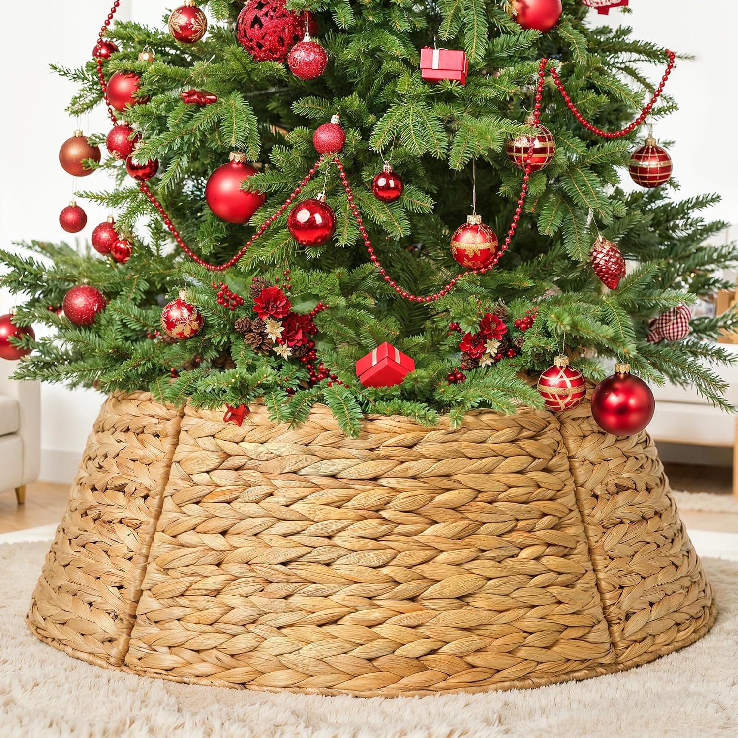 27 in Christmas Tree Skirt, Woven Rattan Ring for Christmas Decor, Natural