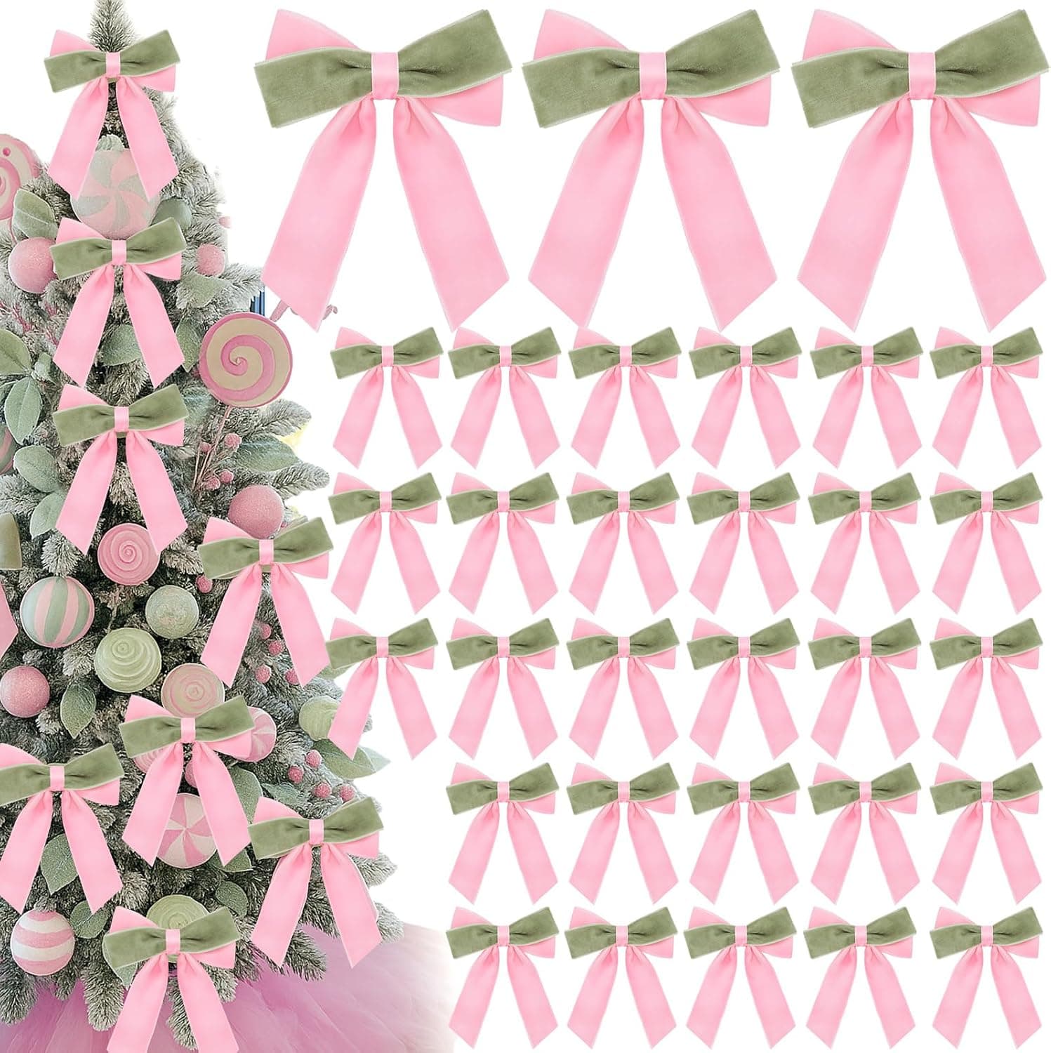 Velvet Christmas Tree Bows, Pink & Green, 5.5 x 3.6", 36 Pcs
