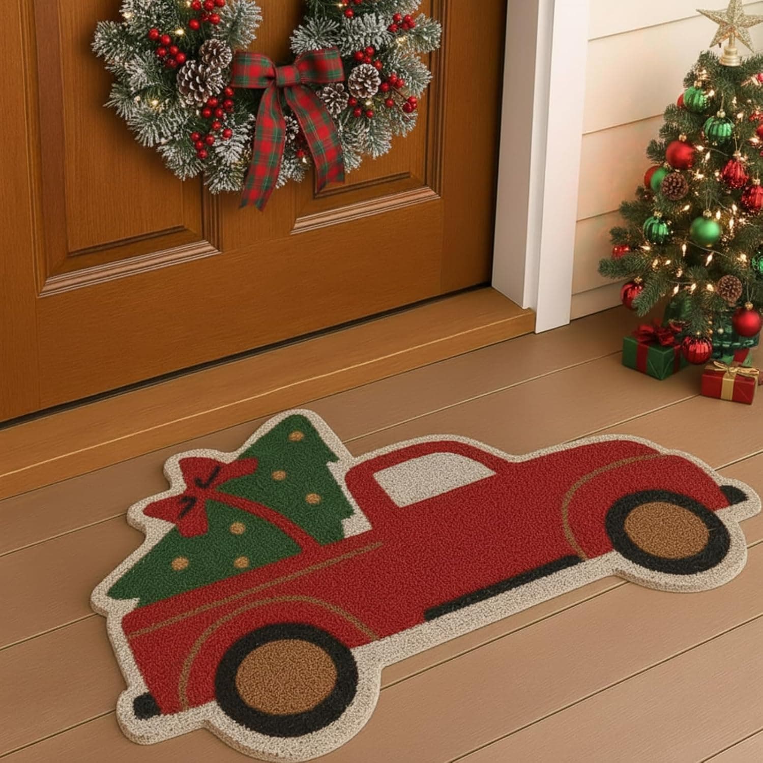 Christmas Coir Door Mat, Red Truck, 24x16