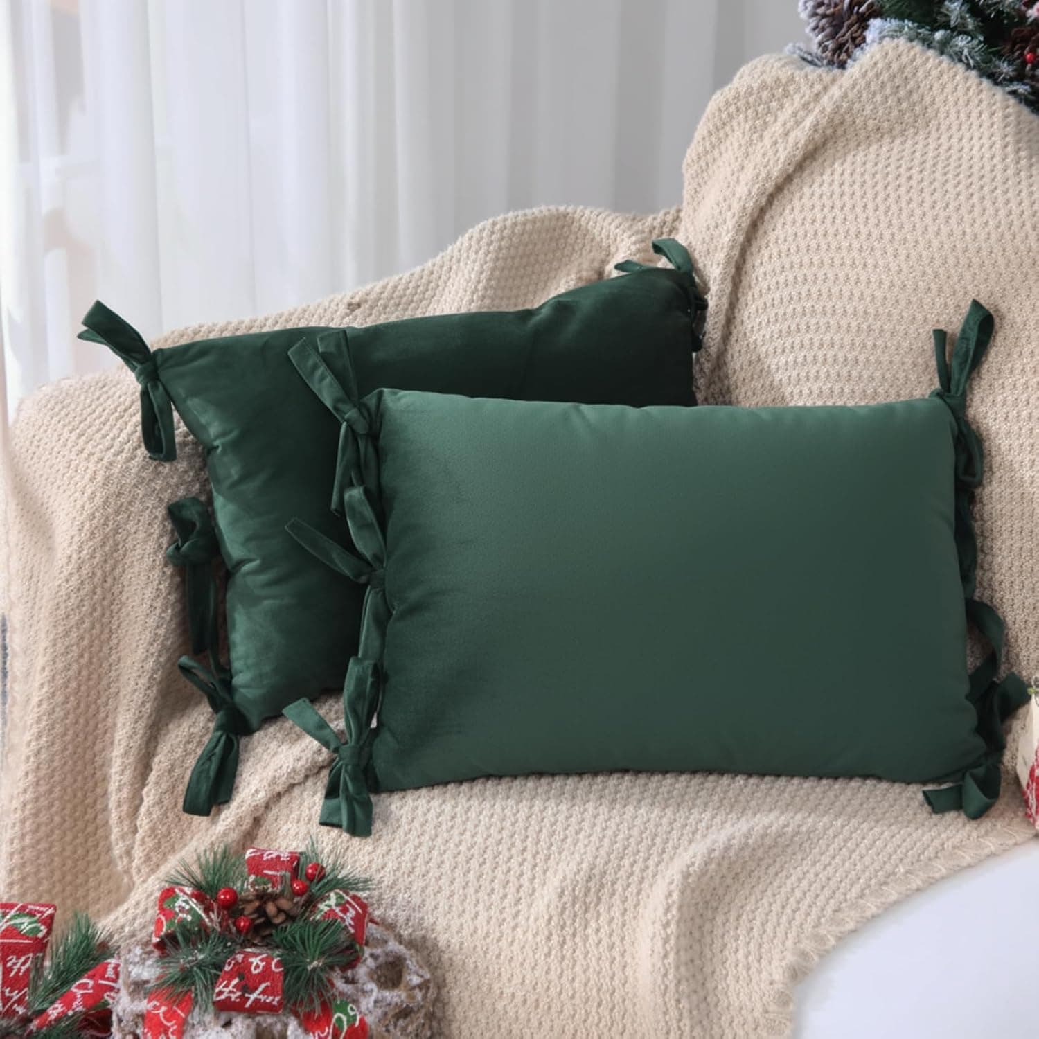 Green Velvet Christmas Pillow Covers with Bows, 14x20", 2 Pcs