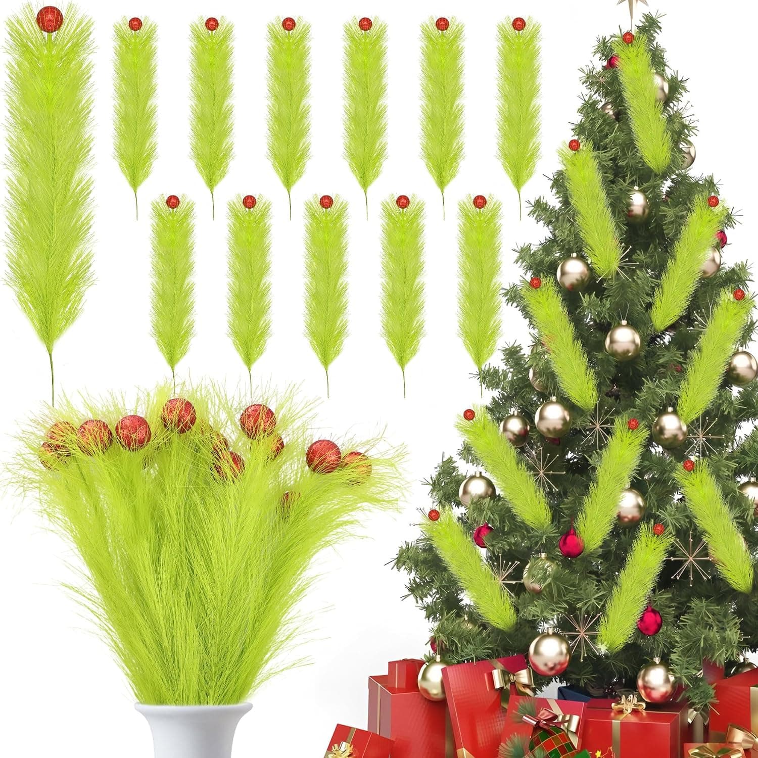 Lime Green Christmas Tree Picks, 17", 4 Packs of 12