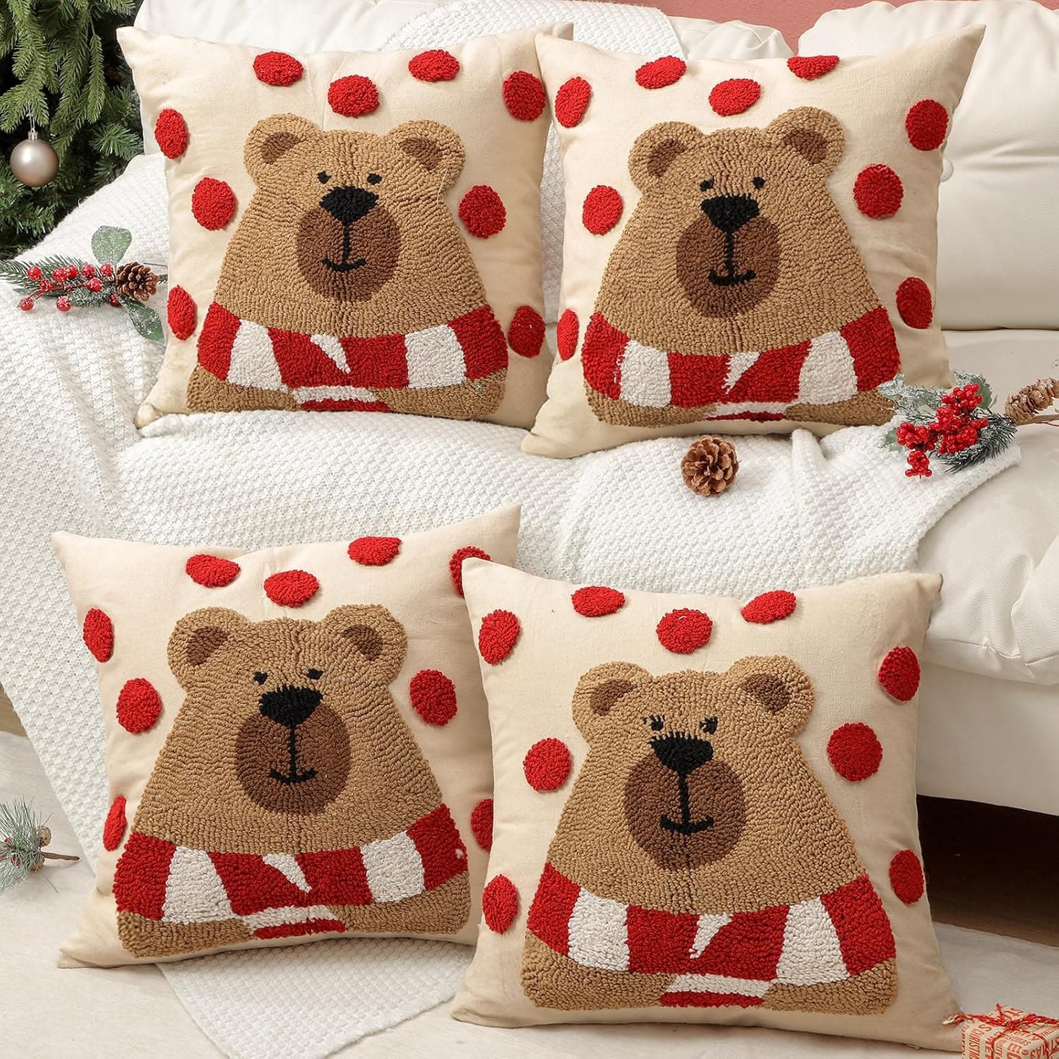 Christmas Bear Throw Pillow Covers, 18x18, 4 Pcs