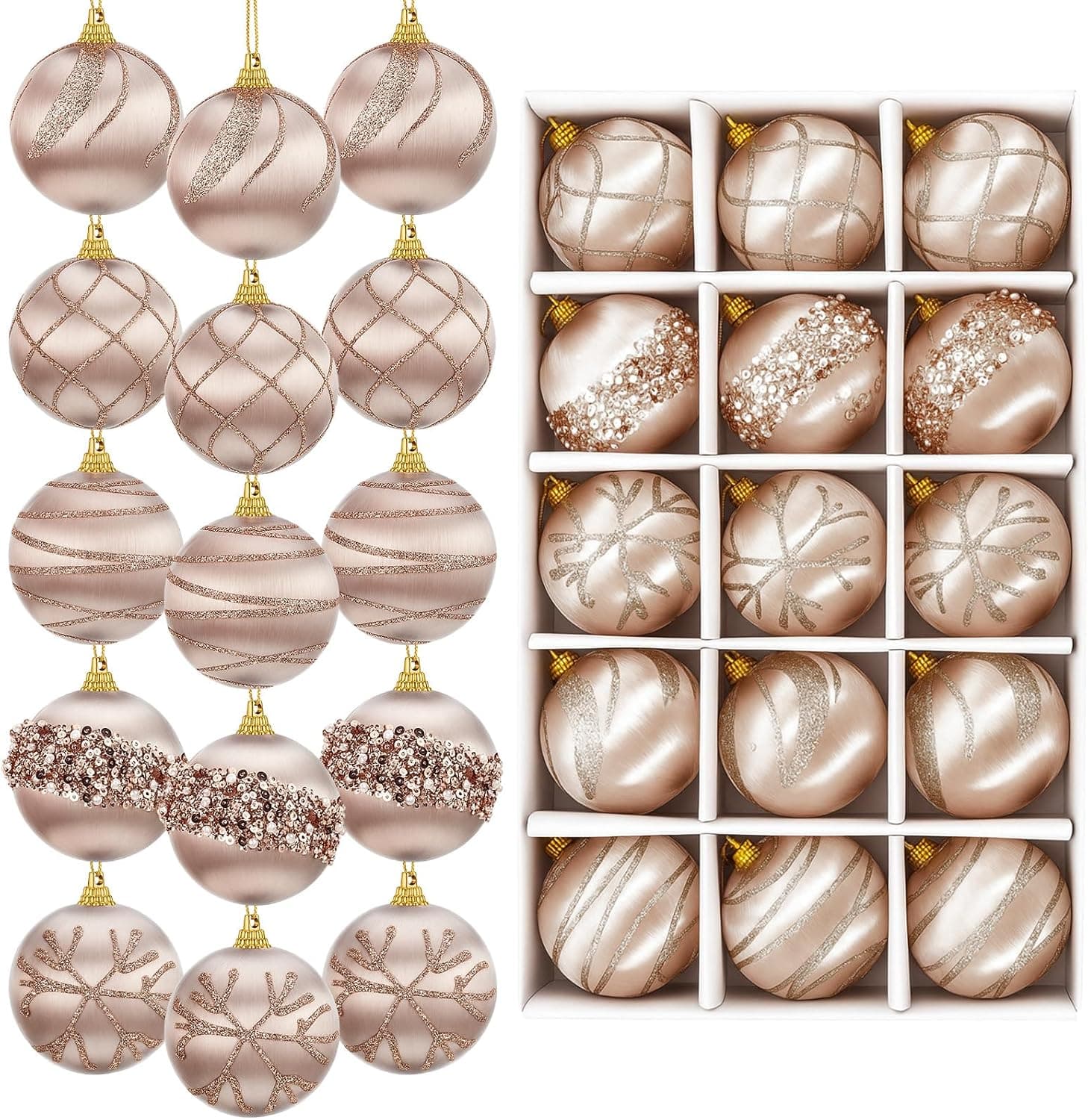 Champagne Satin Christmas Ornaments, 2.4", 15 Pcs