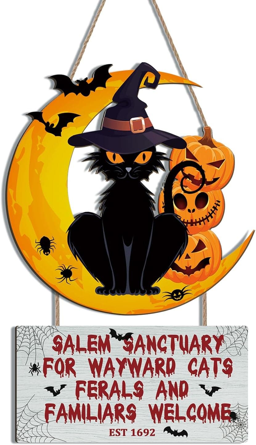 Halloween Wooden Welcome Signs, Pumpkin & Black Cat