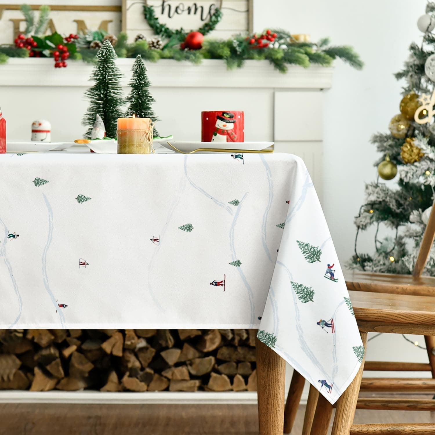 Christmas Tablecloth, 60 x 84 Inch, Ski Lift Design