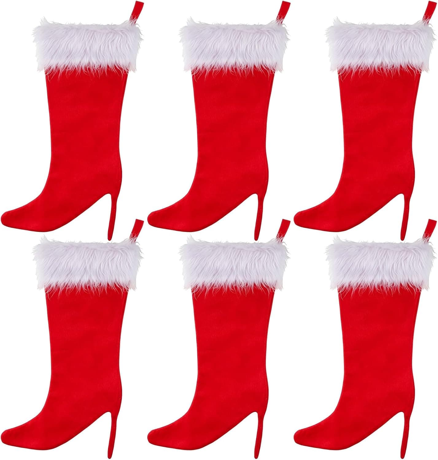 Red Fuzzy High Heel Boot Christmas Stockings, 18", 6 Pcs