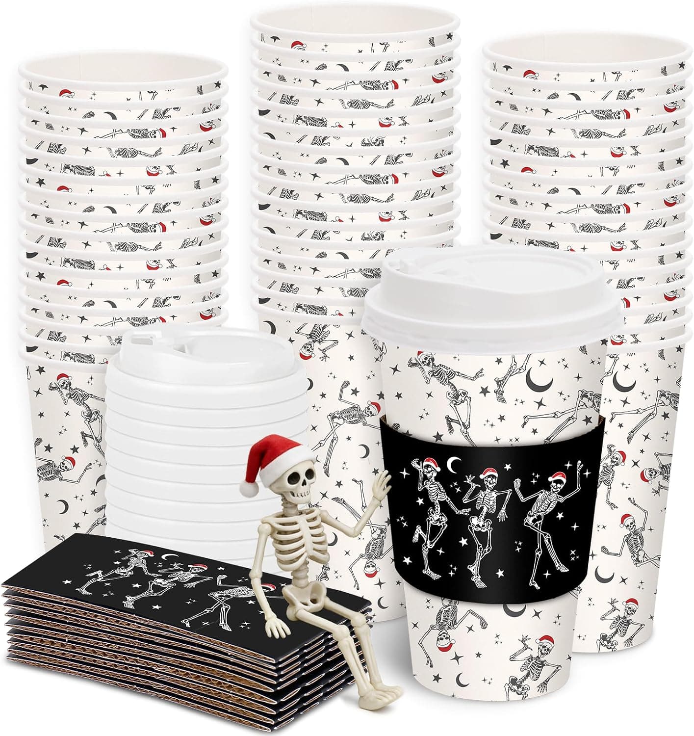 Christmas Disposable Coffee Cups with Lids & Sleeves, 50 Pcs