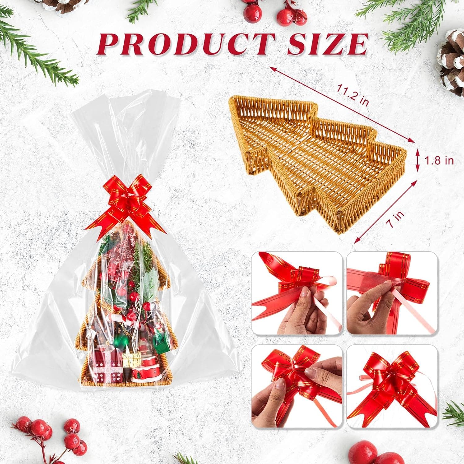 Empty Christmas Tree Wicker Gift Baskets with Bows, 6 Set