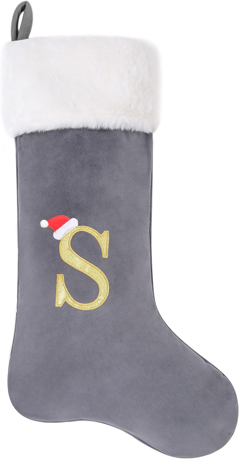 Grey Velvet Christmas Stocking, 20", Embroidered Letter