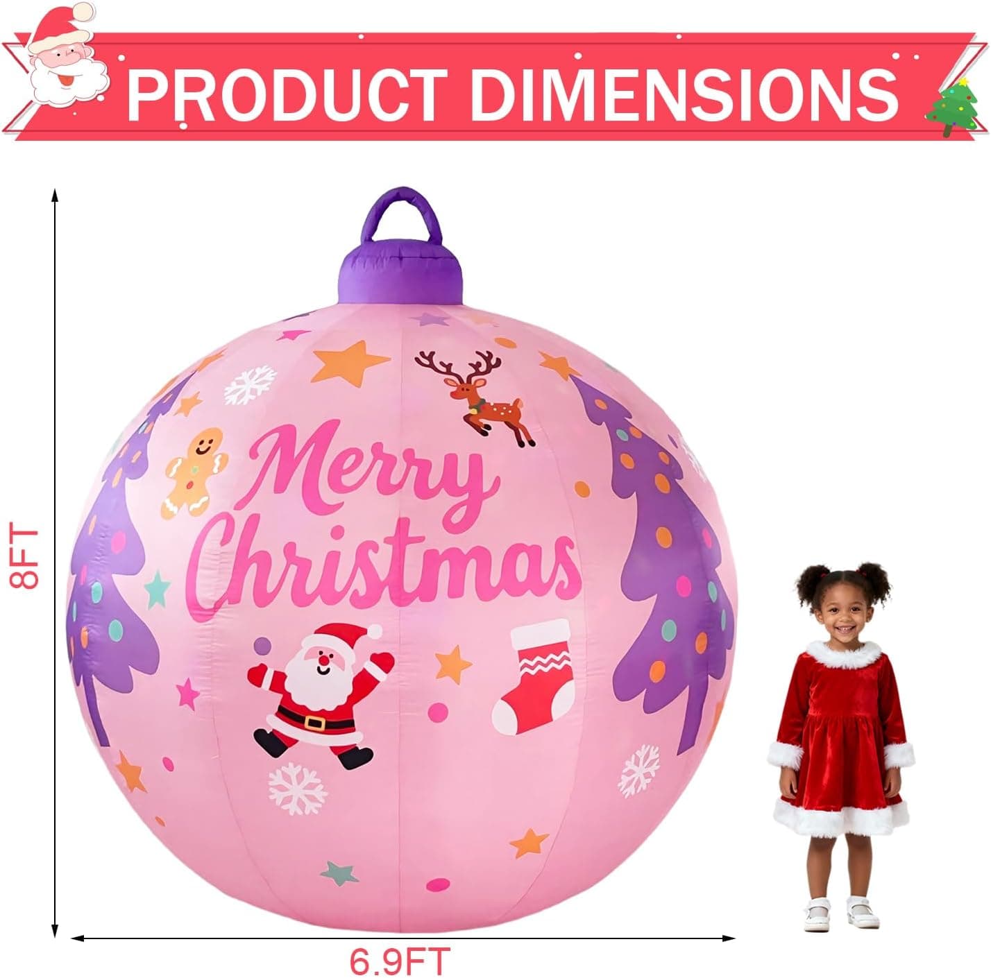 8ft Inflatable Christmas Ball, Pink, LED