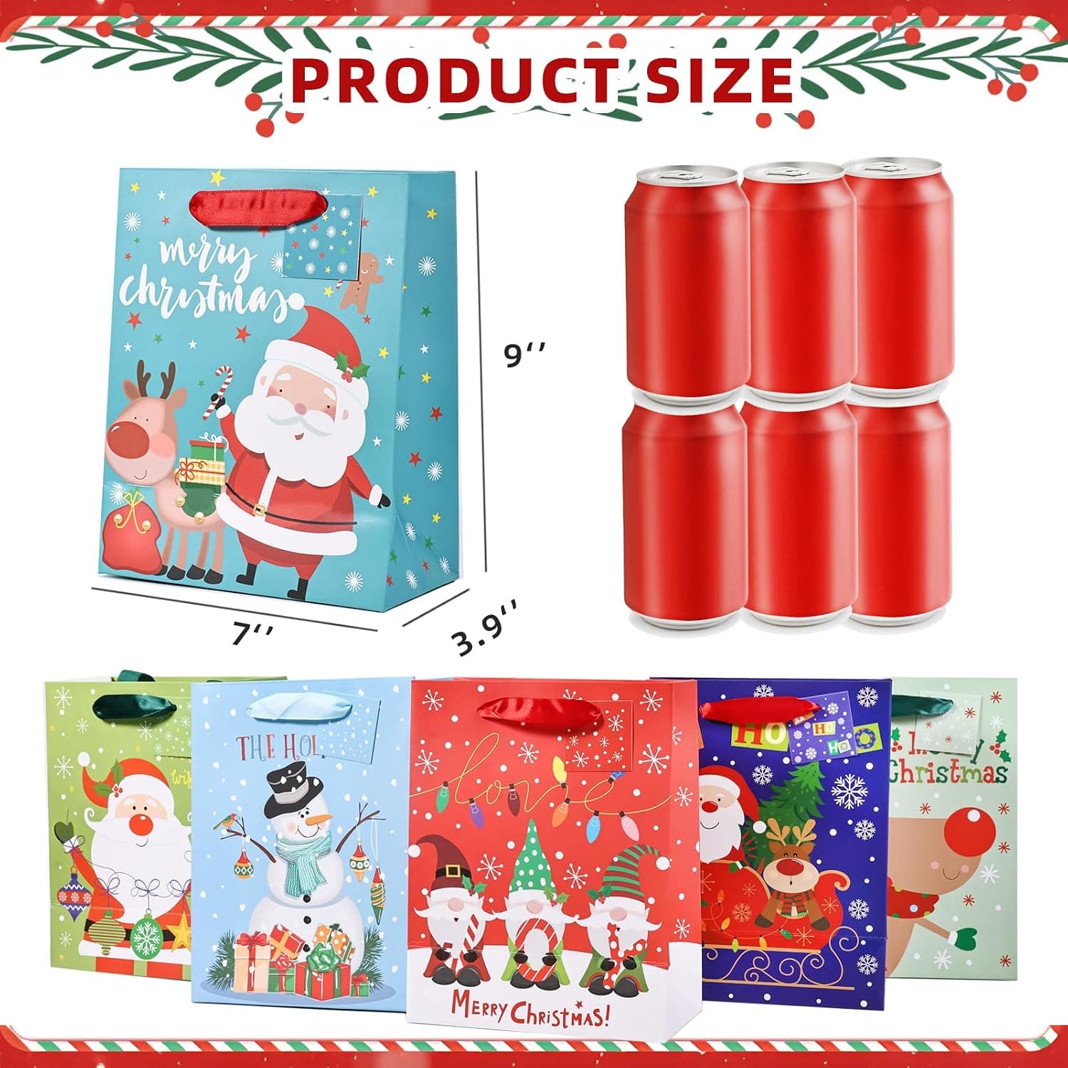 Christmas Gift Bags with Handles, 9x7x3.9", 24 Pack
