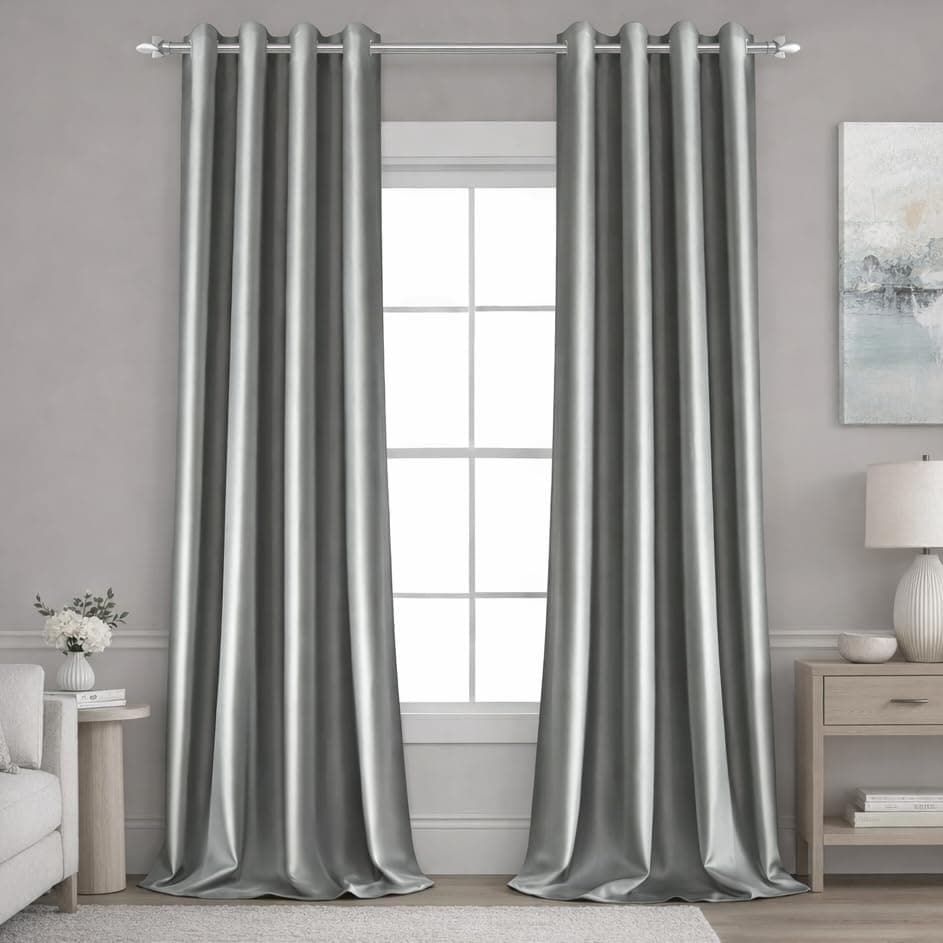 Faux Silk Blackout Curtains, Silver Grey, 52W x 96L, 2 Panels