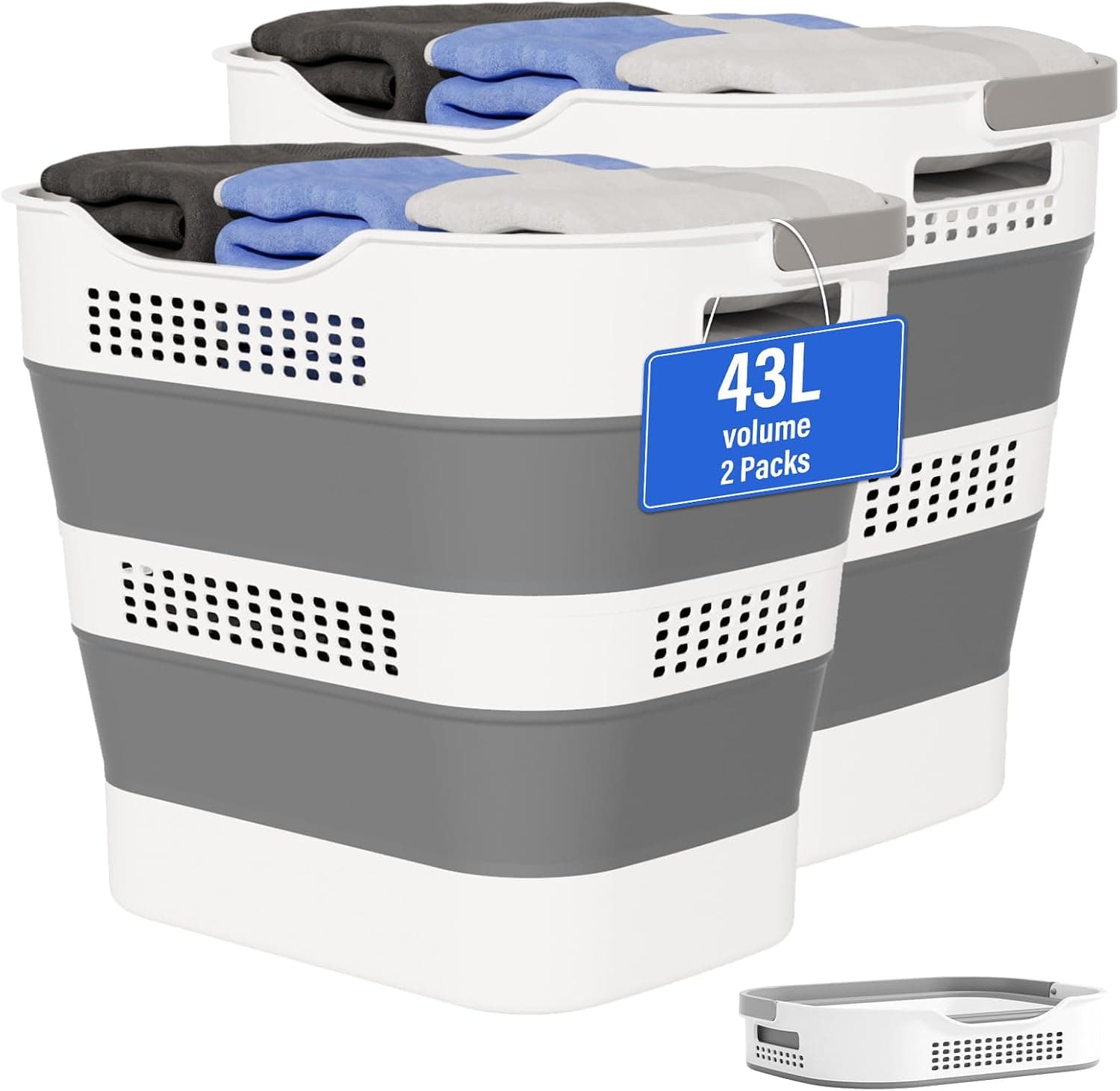Collapsible Laundry Baskets, 43L, Grey, 2 Pack
