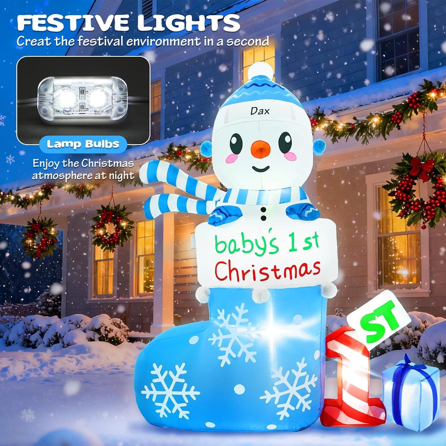 6 FT Inflatable Baby's First Christmas Stocking Snowman, LED