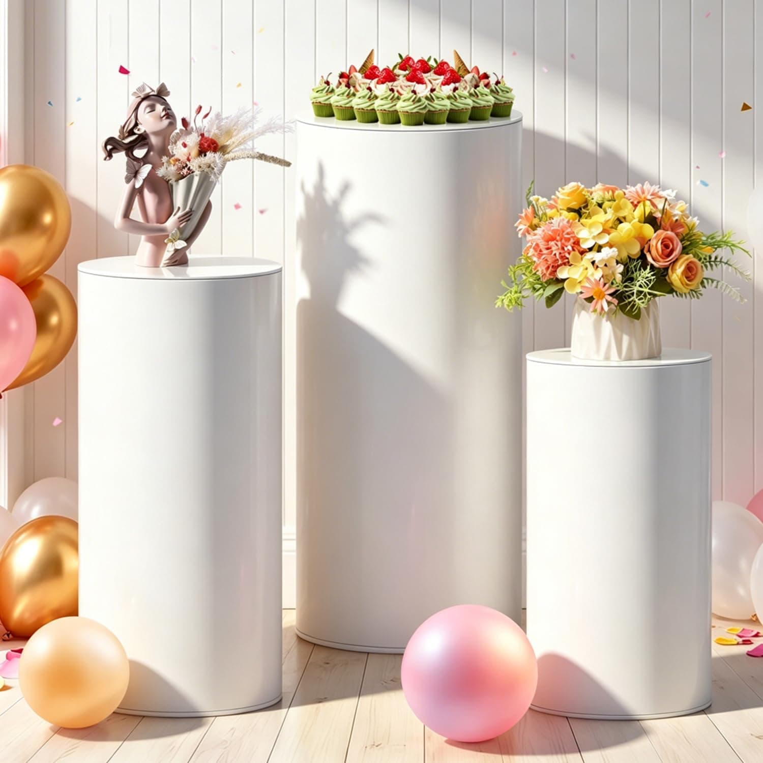 White Cylinder Pedestal Display Stands, 3 Pcs