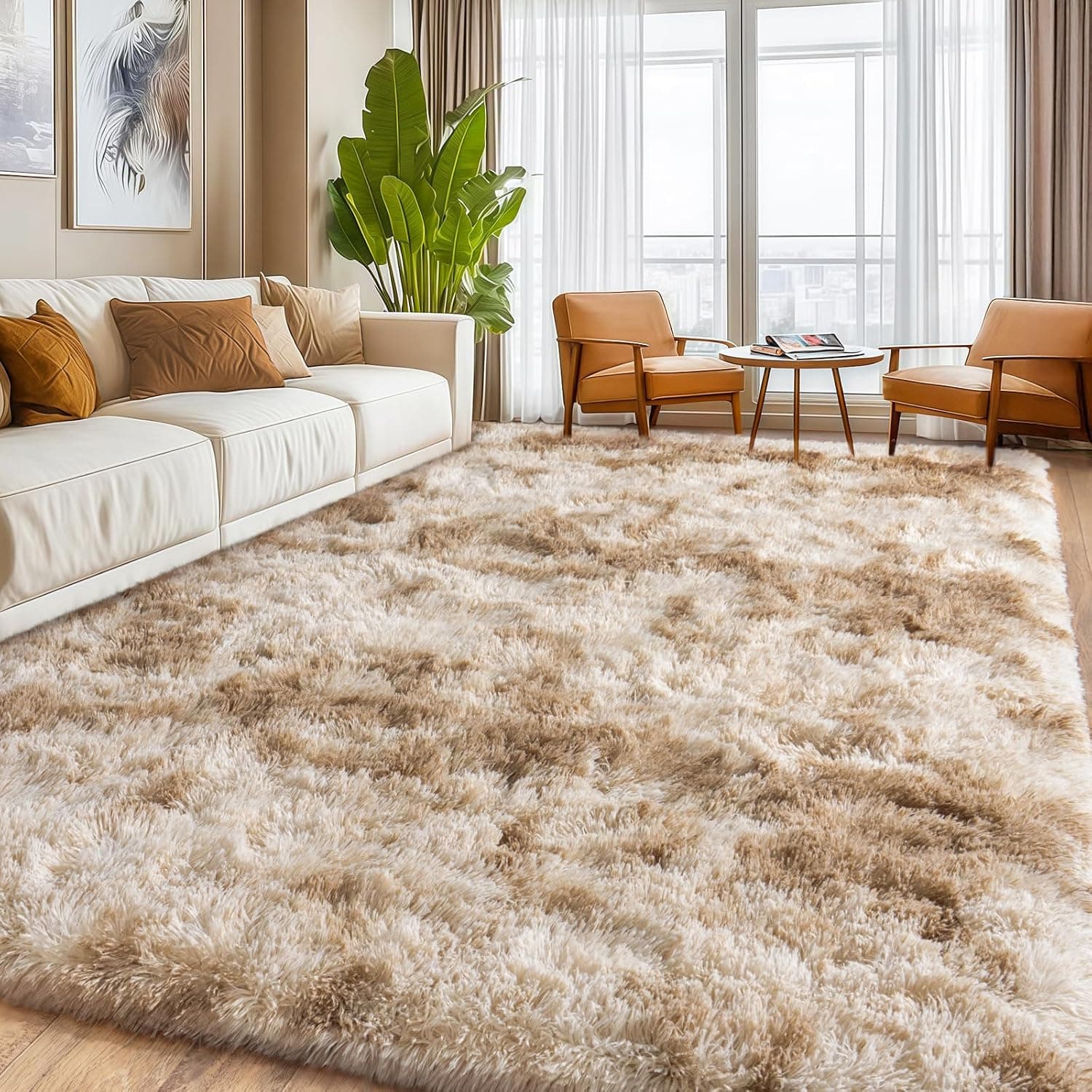 Shaggy Tie-Dye Area Rug, 9x12 Ft, Camel