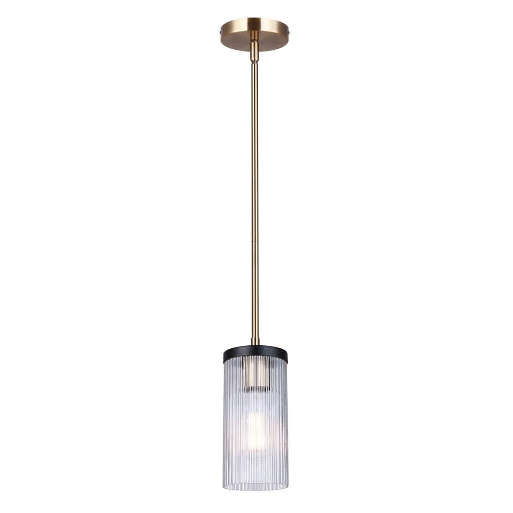 Mid-Century Pendant Light, Matte Black & Gold, Clear Glass