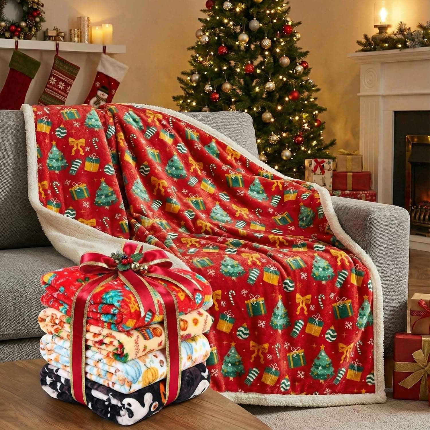 Christmas Fuzzy Throw Blankets, 4 Pack