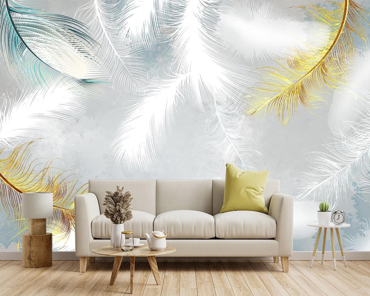 Gold Feather Fabric Wallpaper Mural, 91"x65"