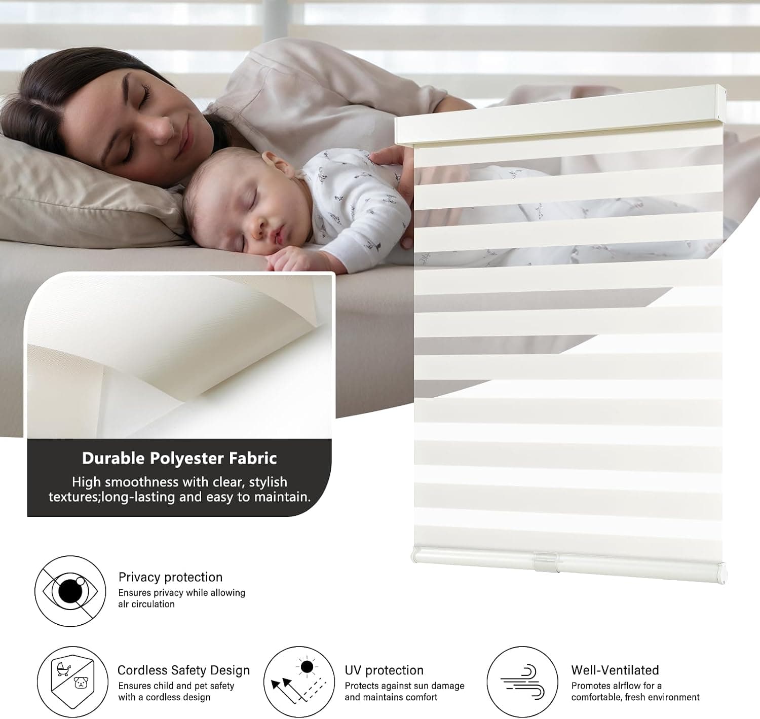 Cordless Zebra Blinds, 28" W x 72" H, Beige
