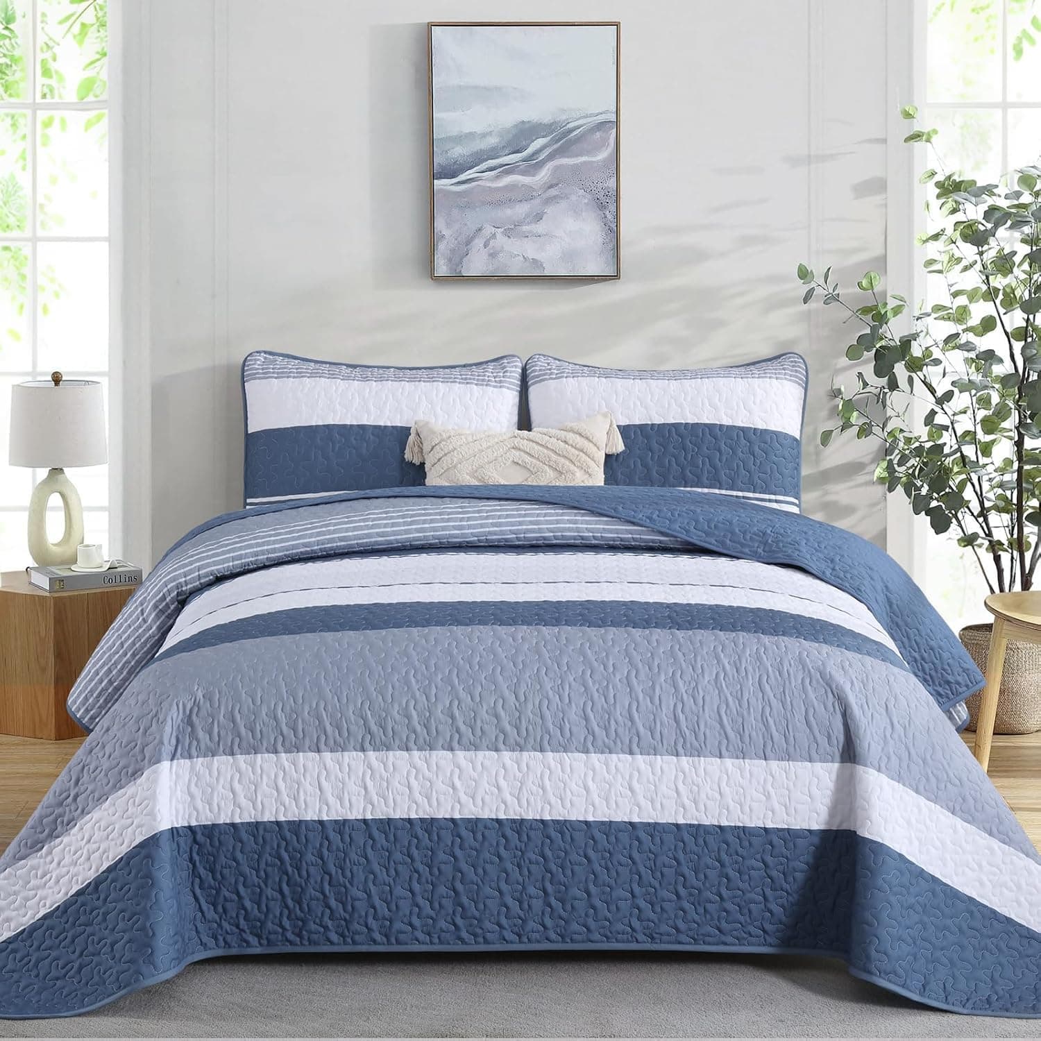 Full Boho Striped Quilt Set, Mineral Blue