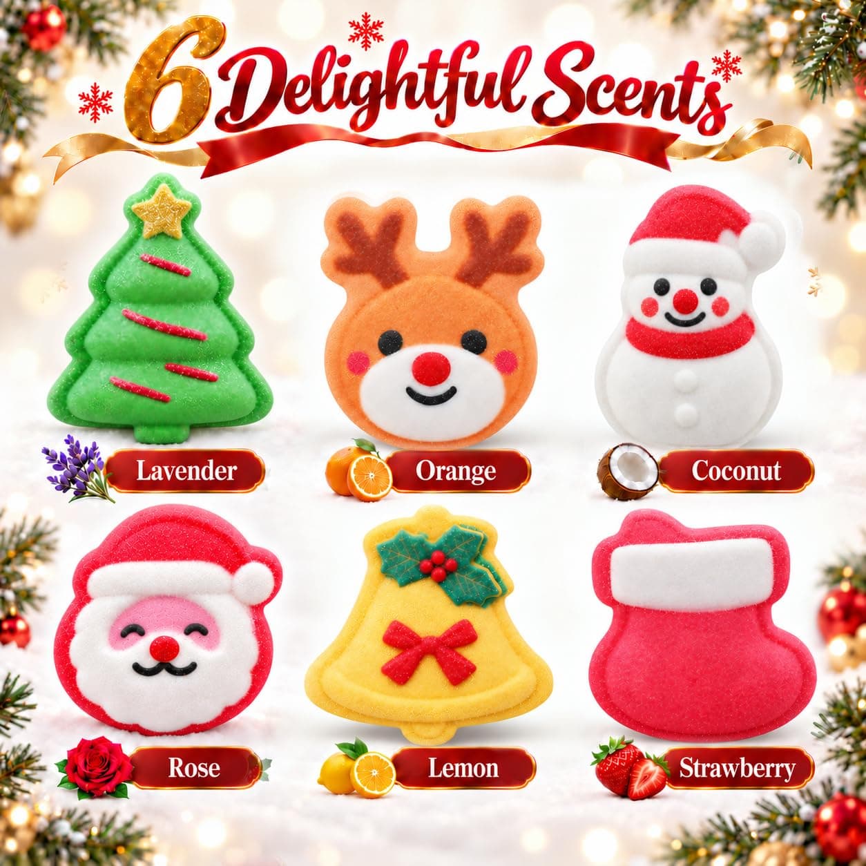 Christmas Bath Bombs for Kids, 6 Festive Shapes, Stocking Stuffers Gift Set