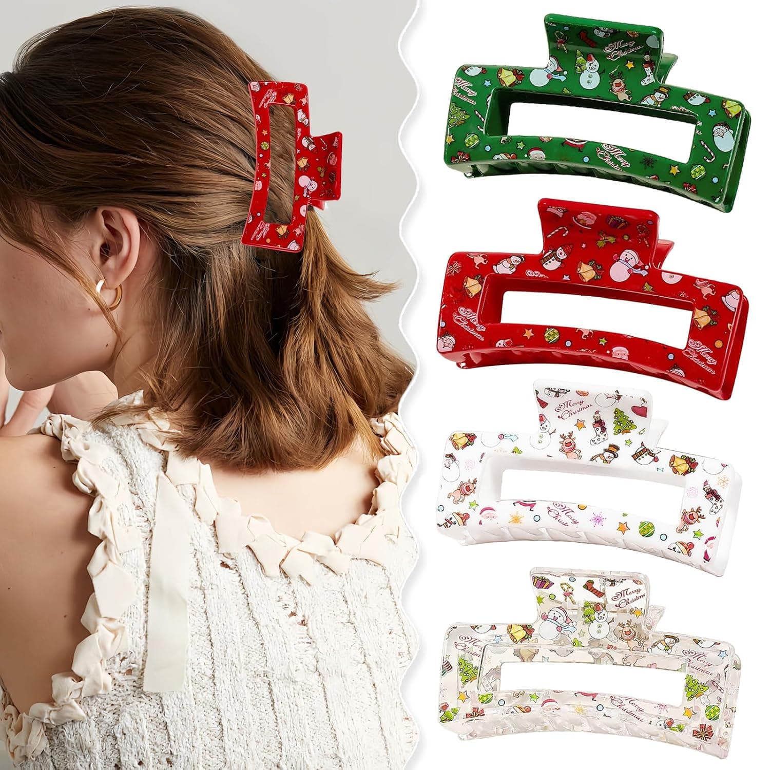 Christmas Claw Hair Clips, Red/Green/White, 4 Pcs