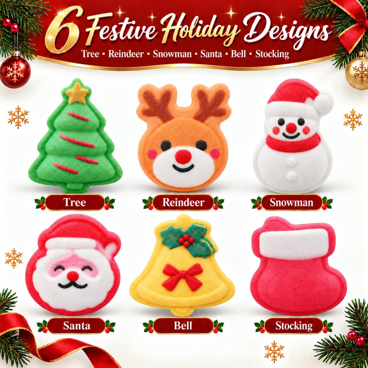 Christmas Bath Bombs for Kids, 6 Festive Shapes, Stocking Stuffers Gift Set