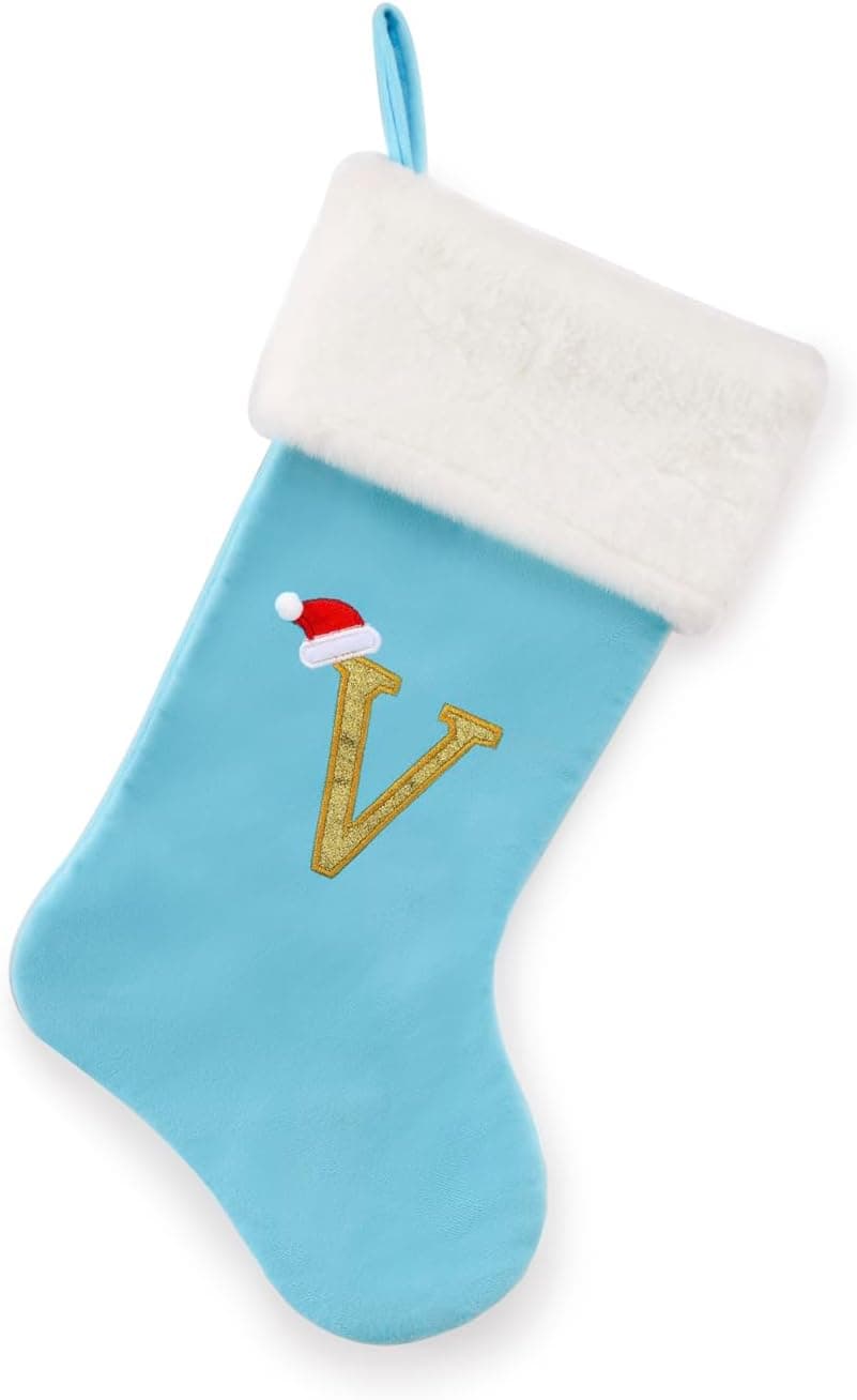 Light Blue Velvet Christmas Stocking, 20", Embroidered Letter V