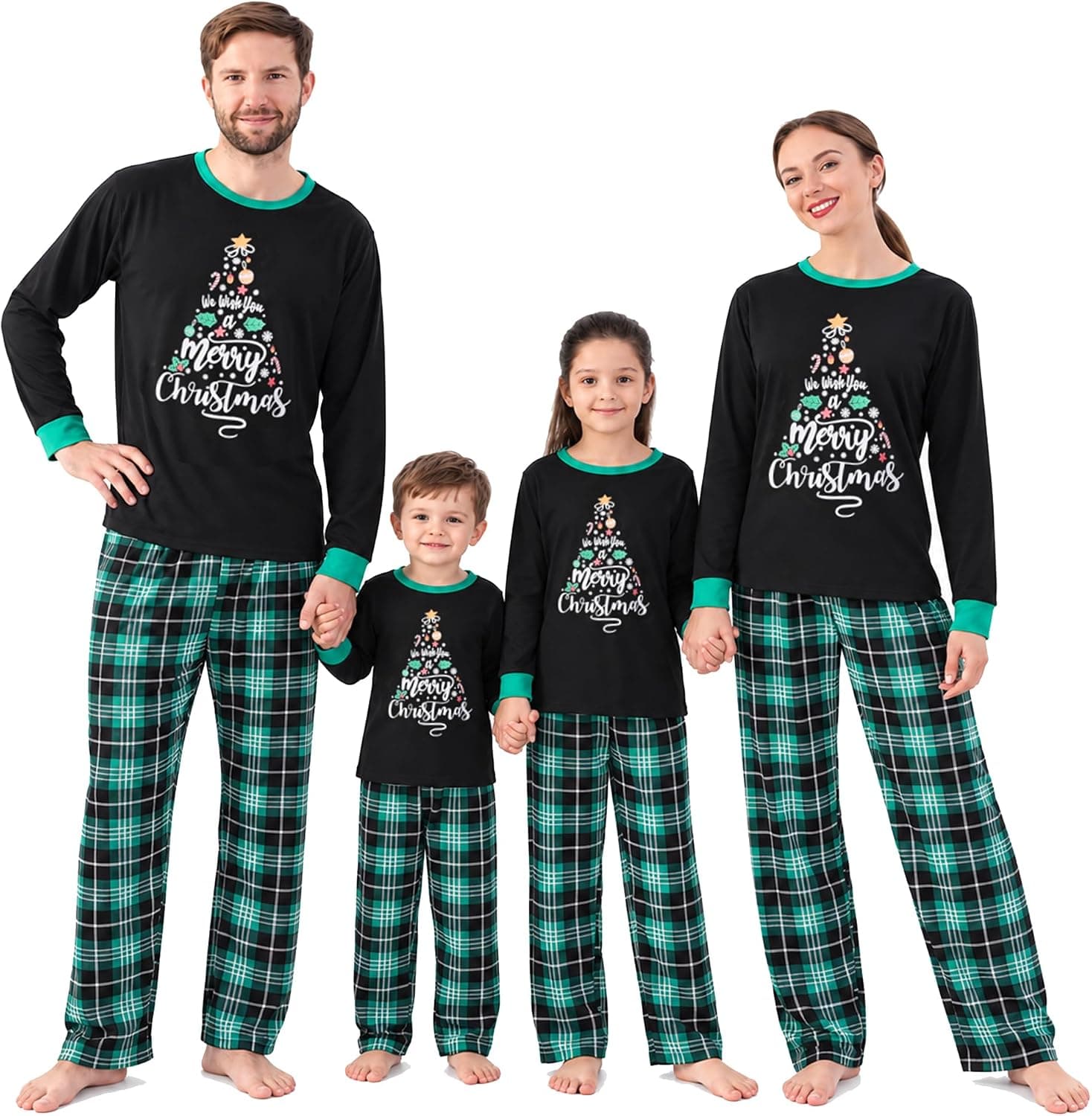 Family Matching Christmas Pajamas, 2-Piece Black & Green Plaid PJ Set