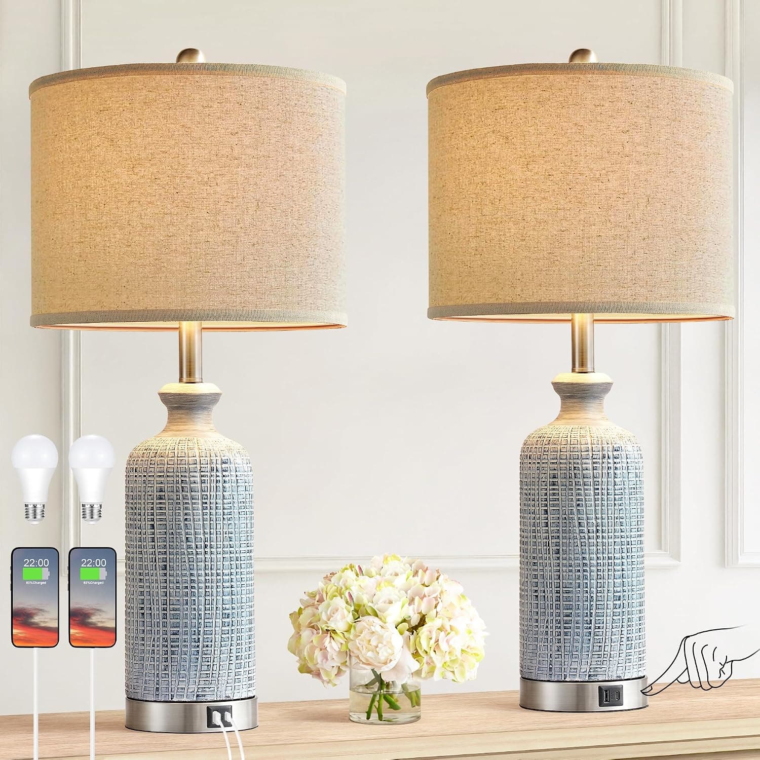 Touch Table Lamps Set of 2, 27 in, 3-Way Dimmable, USB-A & USB-C Ports