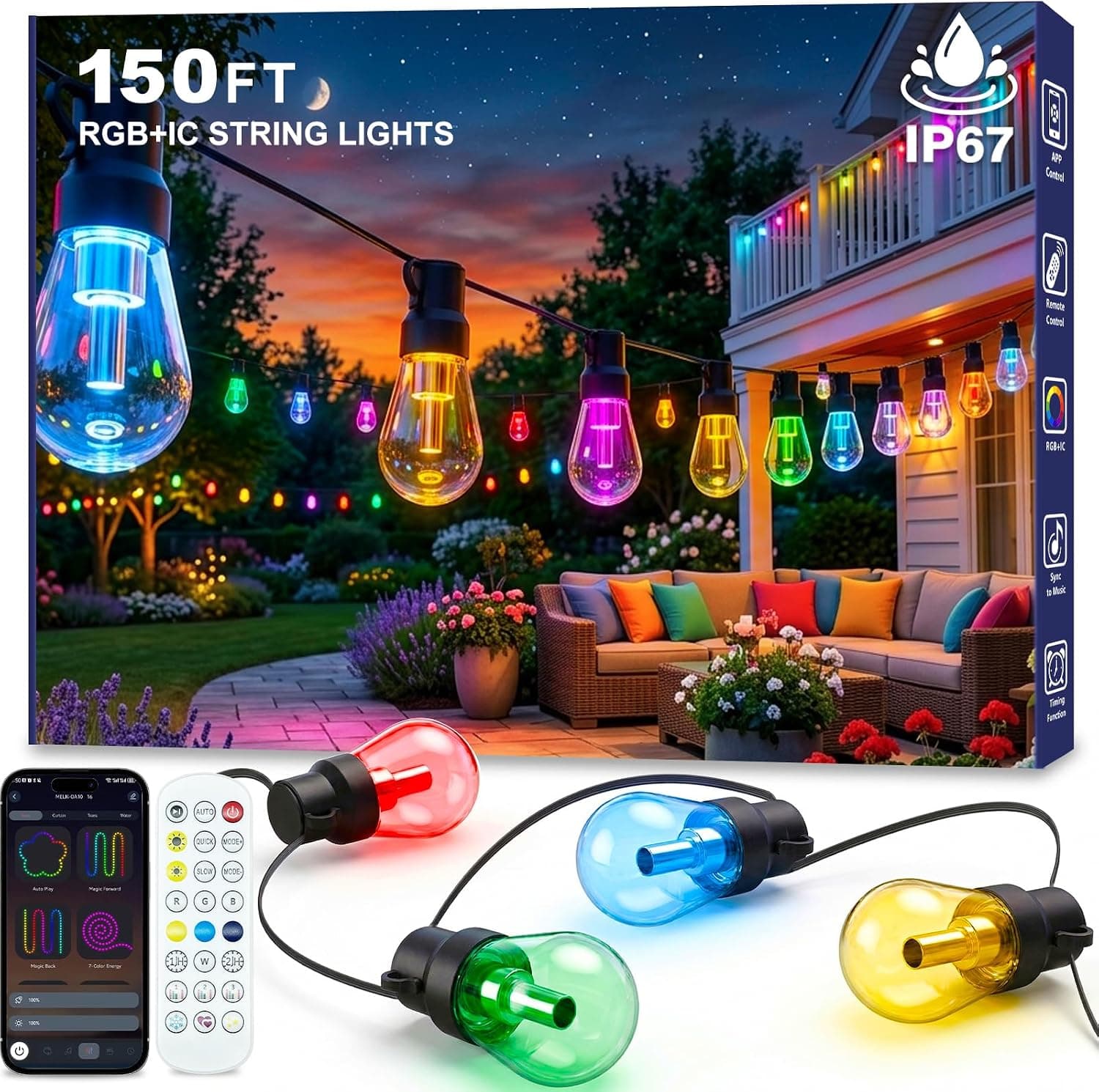 150 ft RGB+IC Outdoor String Lights, Color-Changing, App & Remote, IP67
