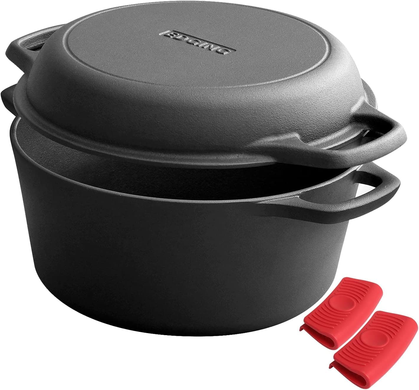 2-in-1 Pre-Seasoned Cast Iron Dutch Oven with Skillet Lid, Black