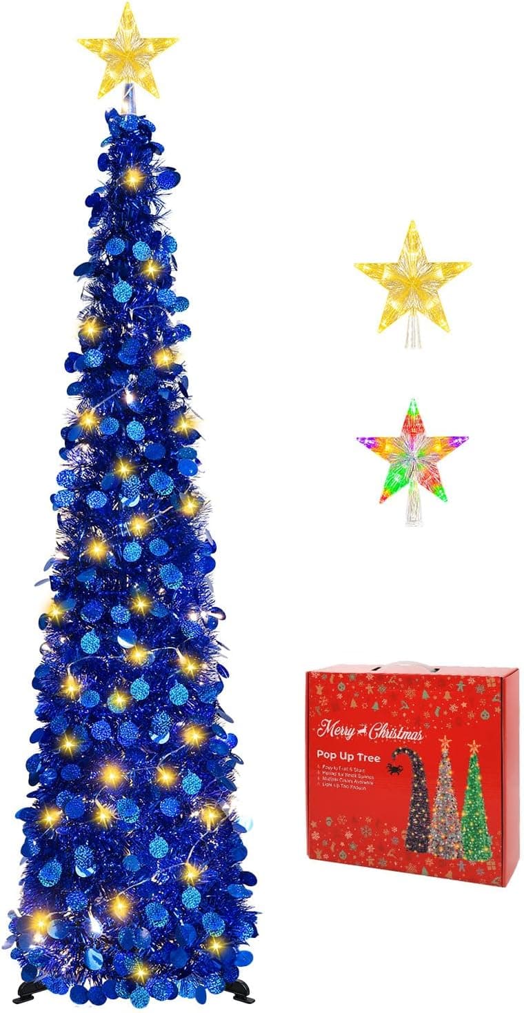 5 ft Pop-Up Tinsel Christmas Tree with Lighted Star, Blue