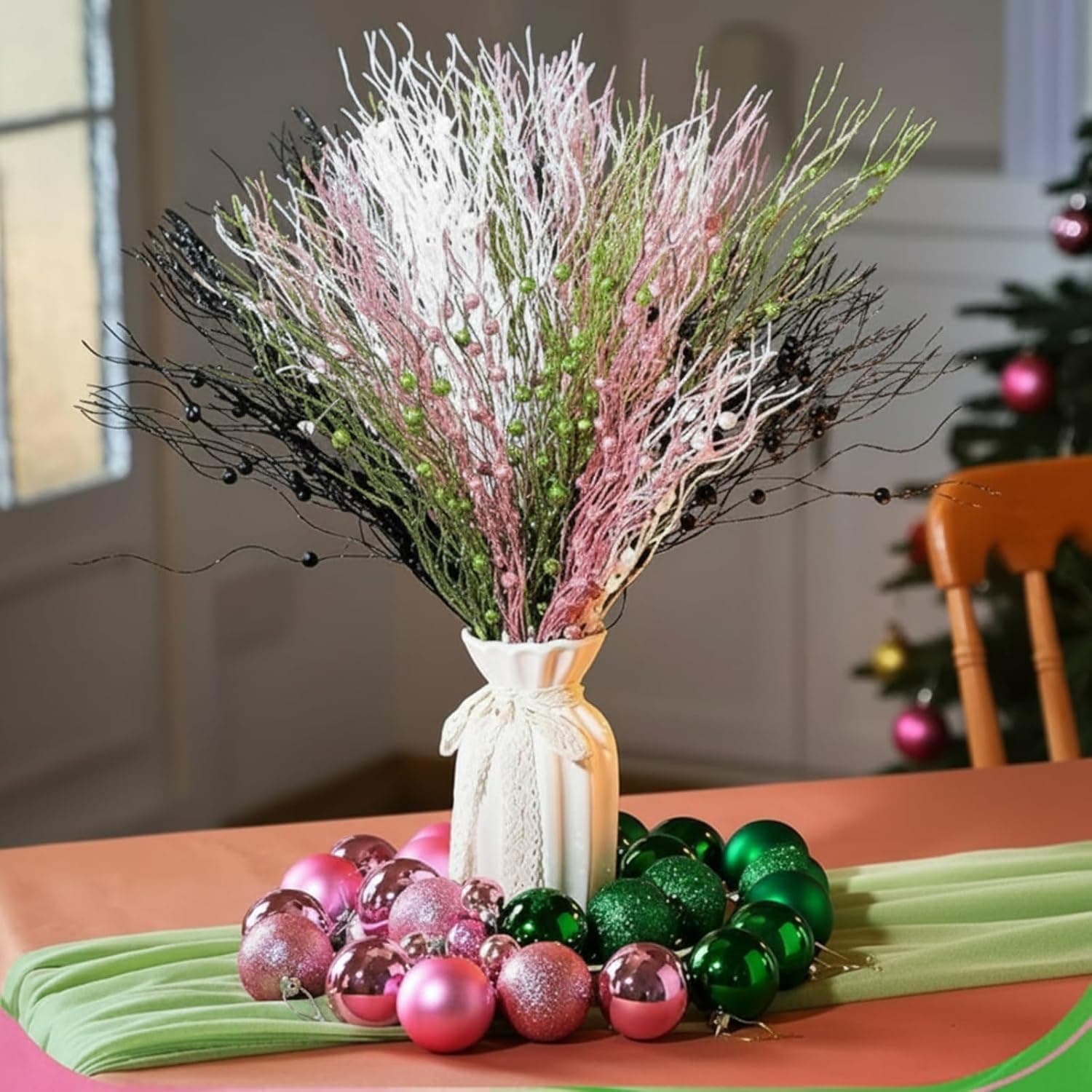 48 Pcs Glitter Berry Stem Picks for Christmas Tree, Green & Pink