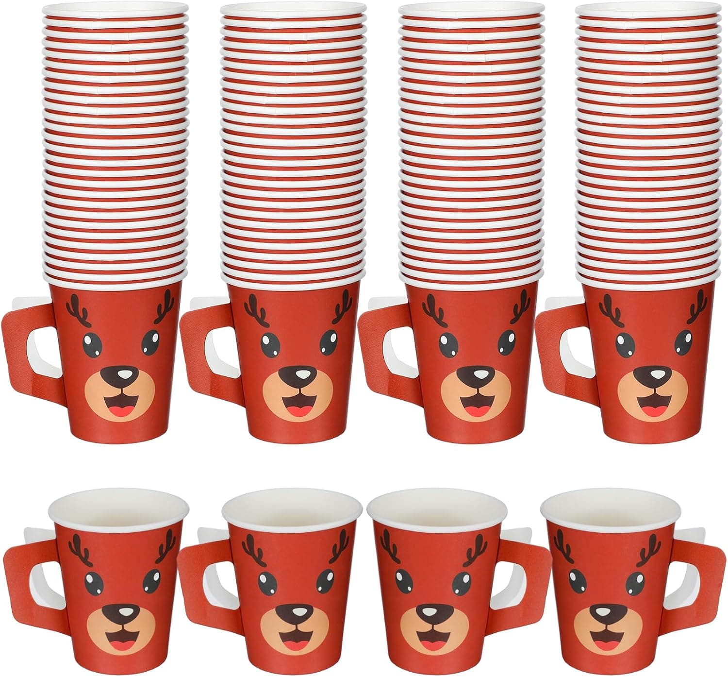 100 Pcs Christmas Paper Coffee Cups with Handles, Reindeer Design