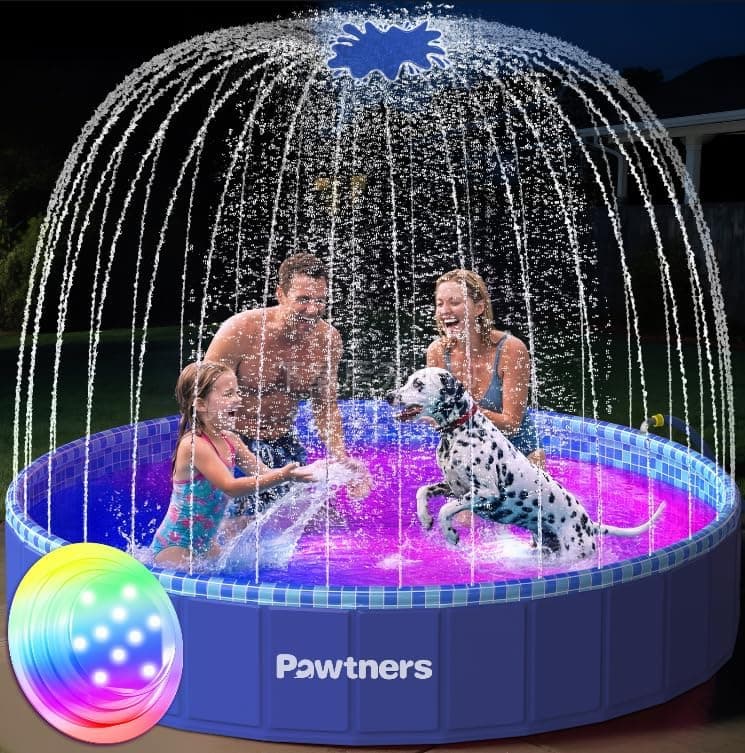 Foldable Kiddie & Dog Pool with Sprinkler and RGB LED Lights, Large