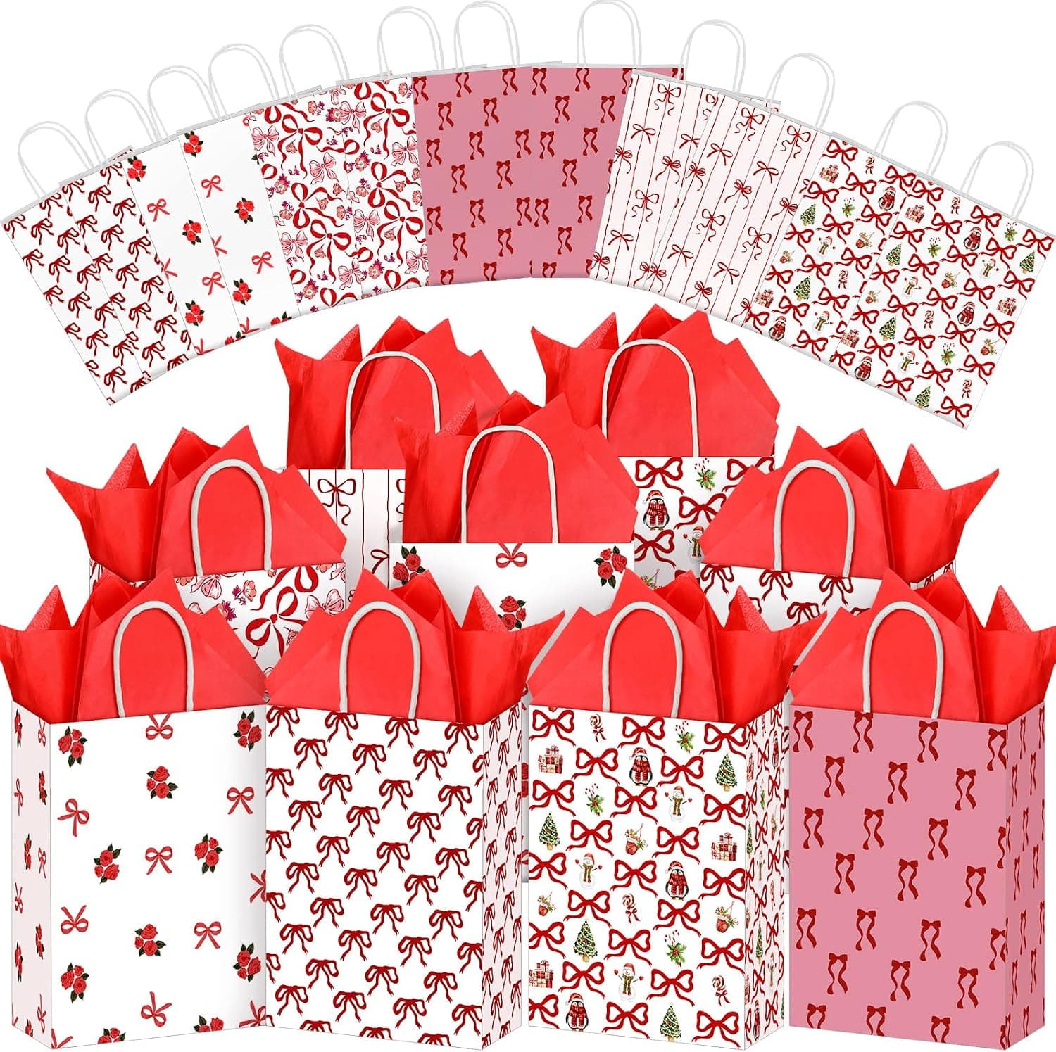 18 Christmas Gift Bags with Tissue Paper, Pink & Red Bow Design