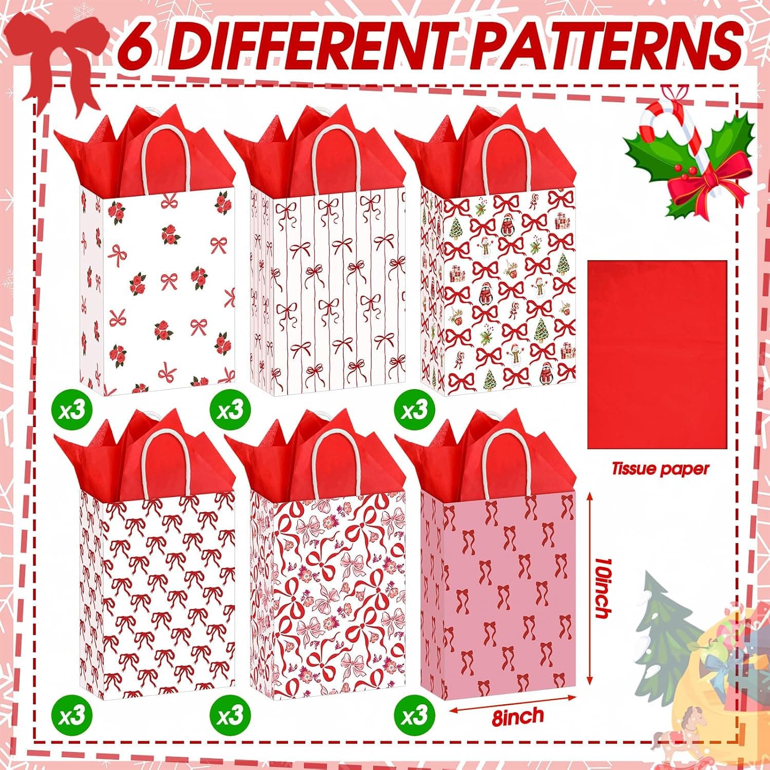 18 Christmas Gift Bags with Tissue Paper, Pink & Red Bow Design