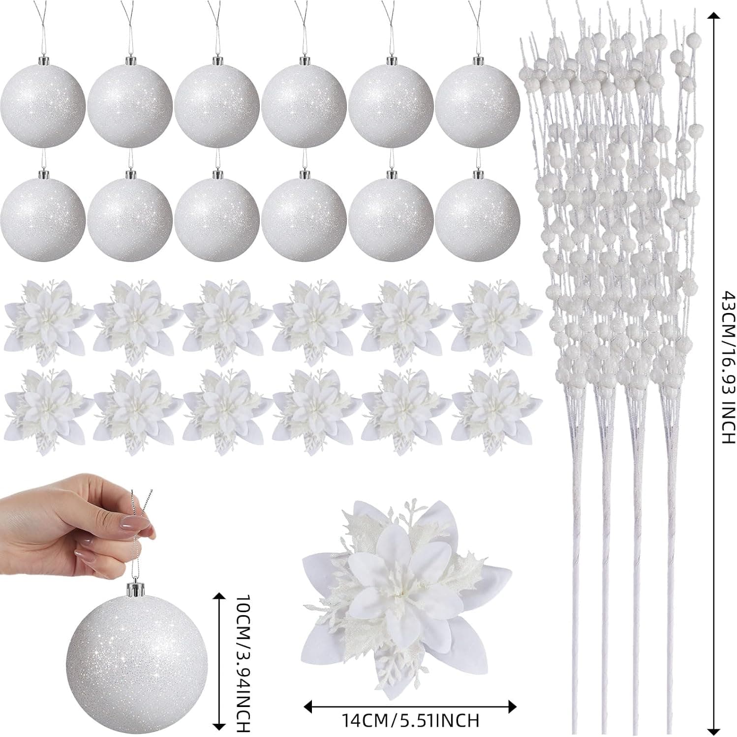 36 Pcs Glitter White Poinsettia & Snowball Christmas Tree Decorations