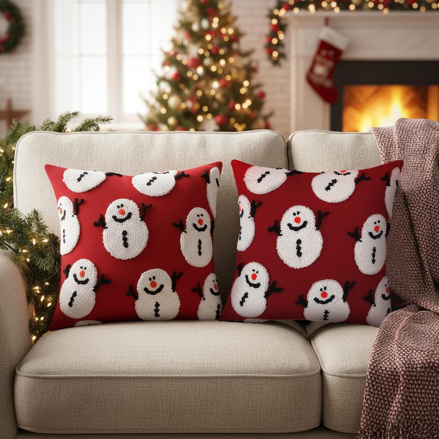 Red Snowman Christmas Pillow Covers, 18 x 18 in, 2 Pack
